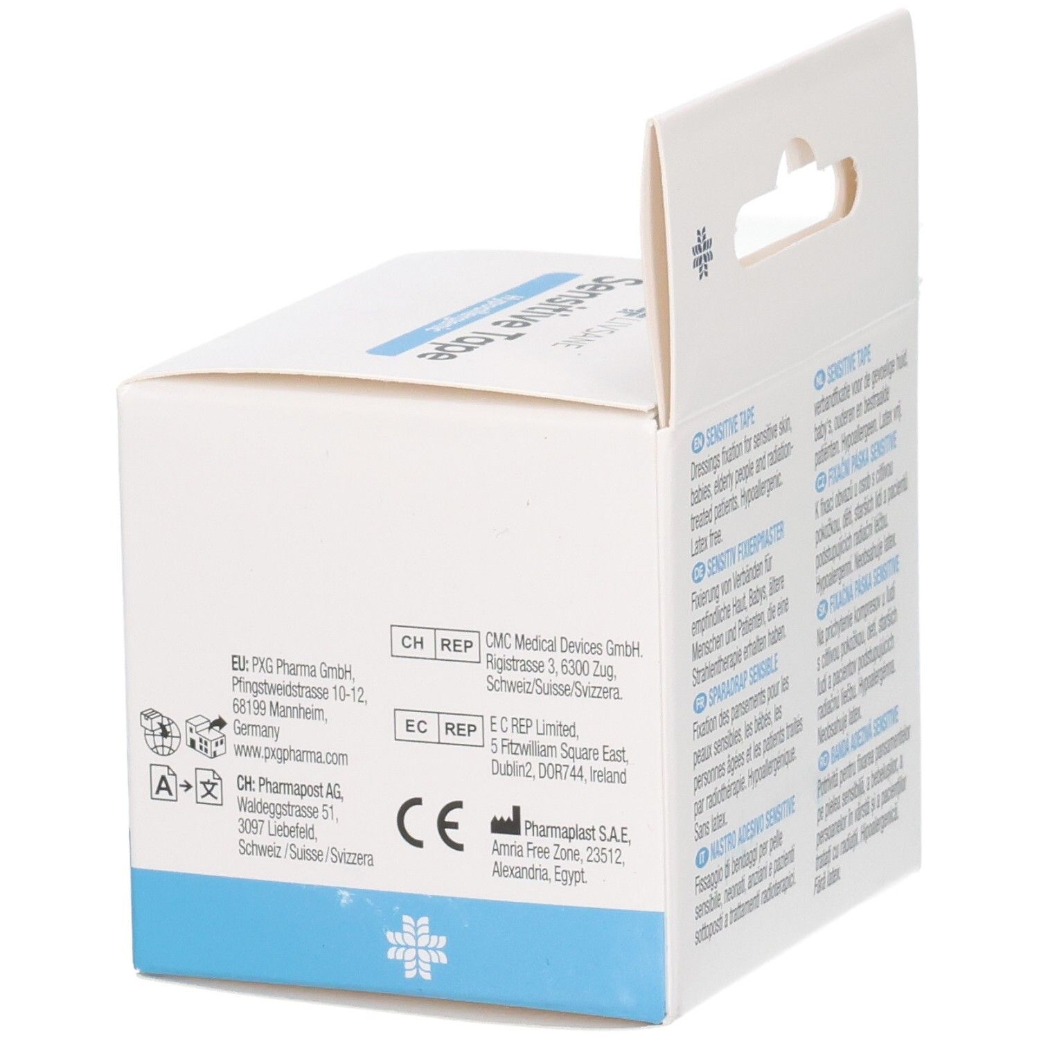 Dos de la boîte de LIVSANE Sensitive Tape. Code-barres, code UDI, symbole MD, indication de température.