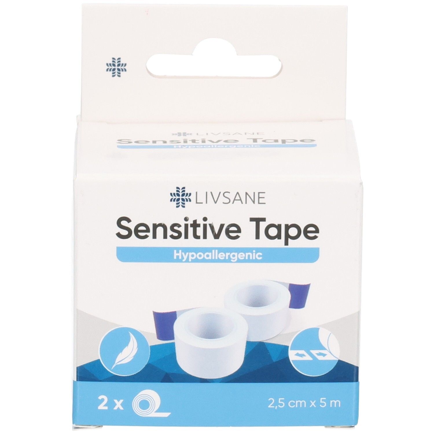 Boîte de LIVSANE Sensitive Tape. Contient deux rouleaux. Inscriptions : Sensitive Tape, 2,5 cm x 5 m, hypoallergénique.