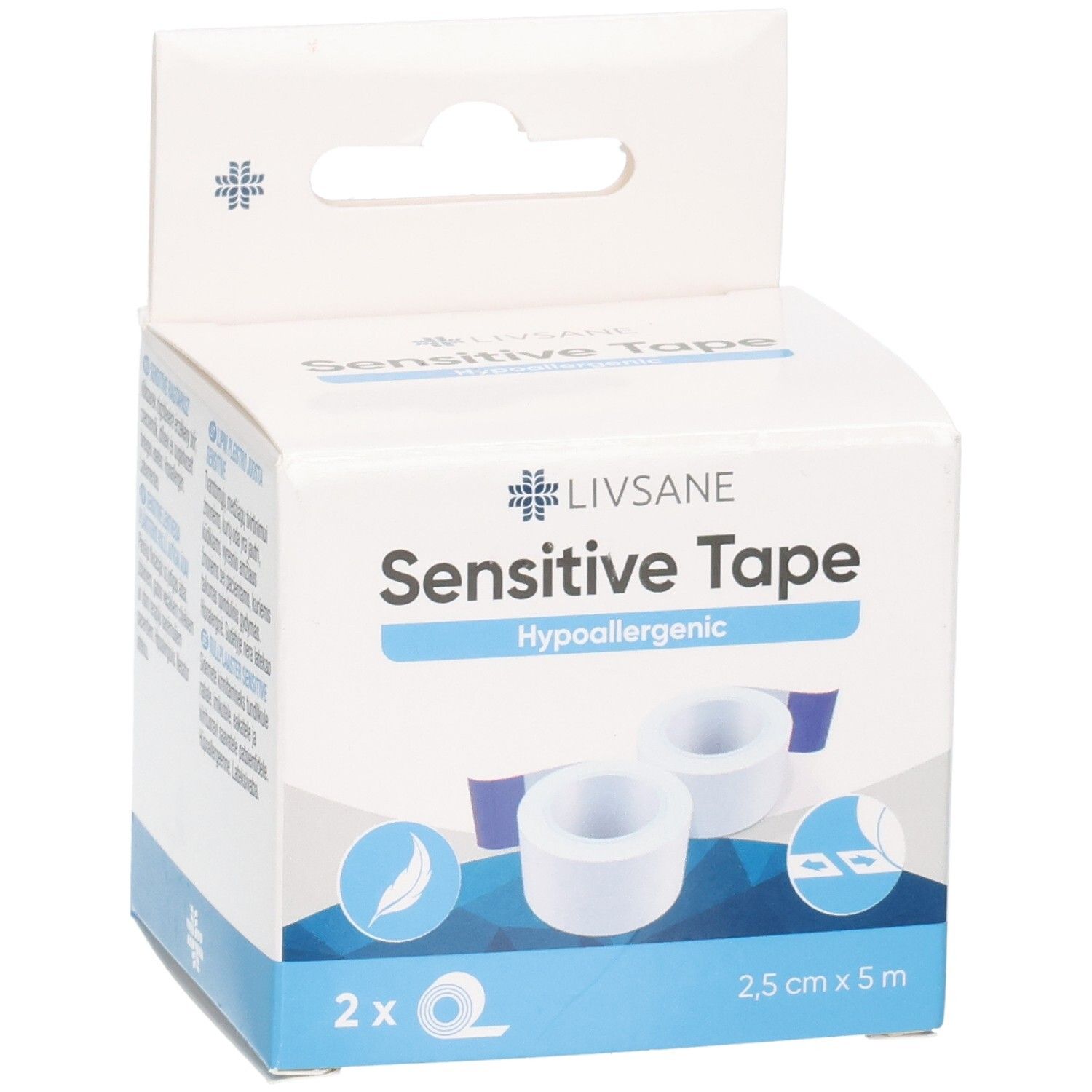 Boîte de LIVSANE Sensitive Tape. Contient deux rouleaux. Inscriptions : Sensitive Tape, 2,5 cm x 5 m, hypoallergénique.