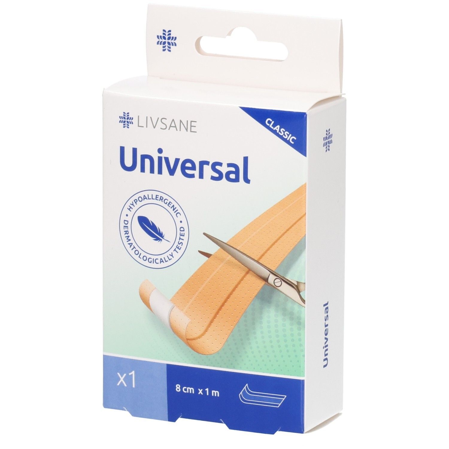 Emballage de pansement LIVSANE Universal. Dimensions 8 cm x 1 m. Testé dermatologiquement. Avec ciseaux et bande.