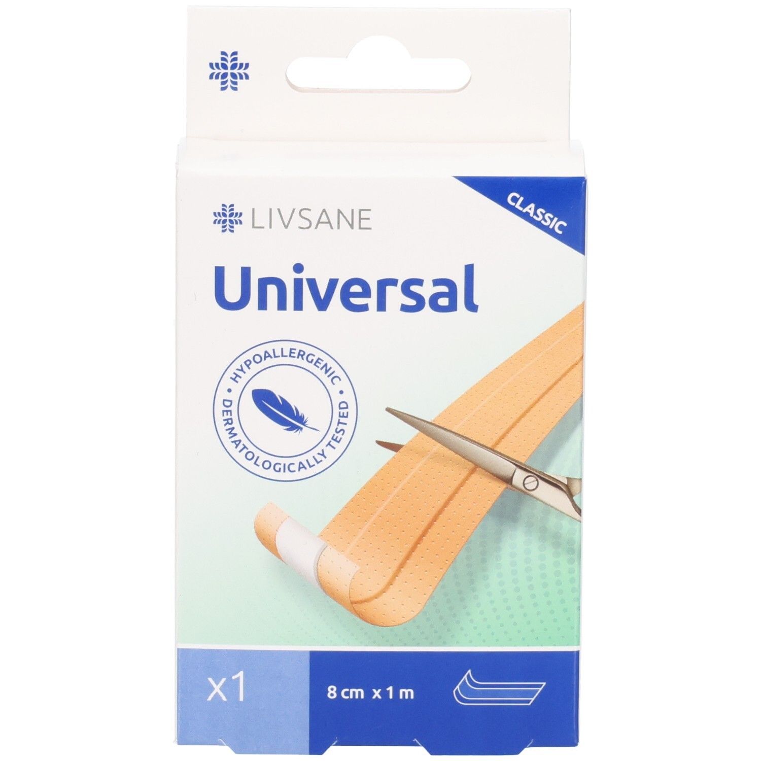 Emballage de pansement LIVSANE Universal. Dimensions 8 cm x 1 m. Testé dermatologiquement. Avec ciseaux et bande.