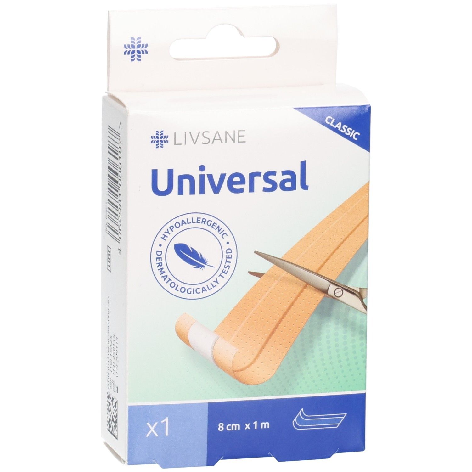 Emballage de pansement LIVSANE Universal. Dimensions 8 cm x 1 m. Testé dermatologiquement. Avec ciseaux et bande.