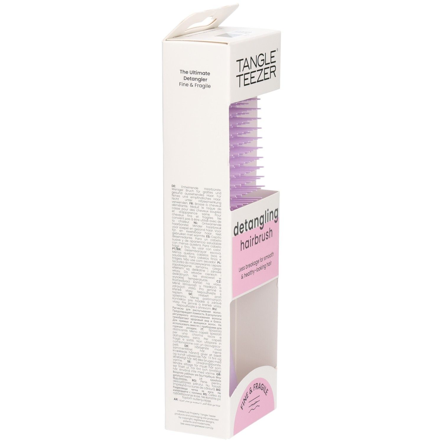 Emballage de la brosse démêlante. Côté avec texte. Marque : Tangle Teezer. Texte : Fine & Fragile.