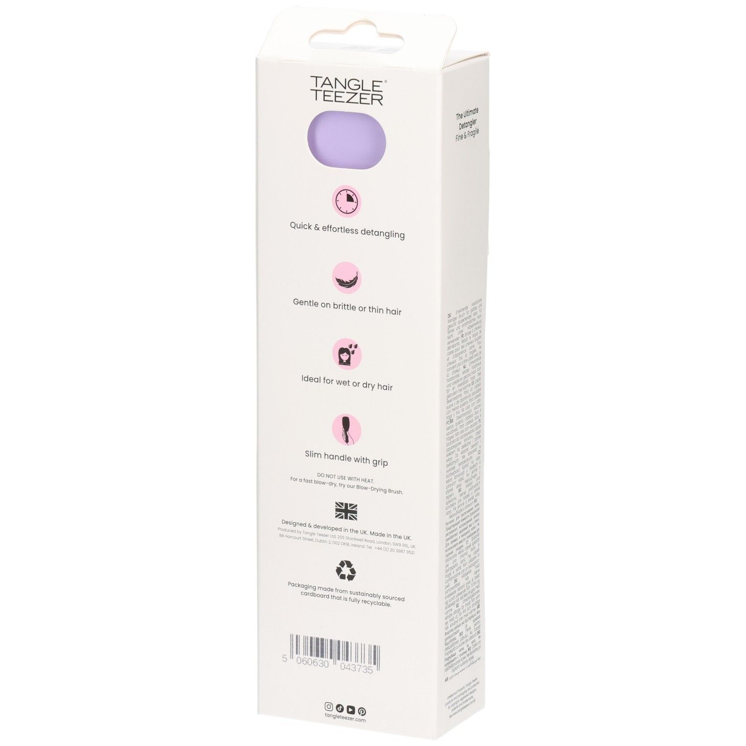 Dos de l'emballage. Texte et symboles. Marque : Tangle Teezer.