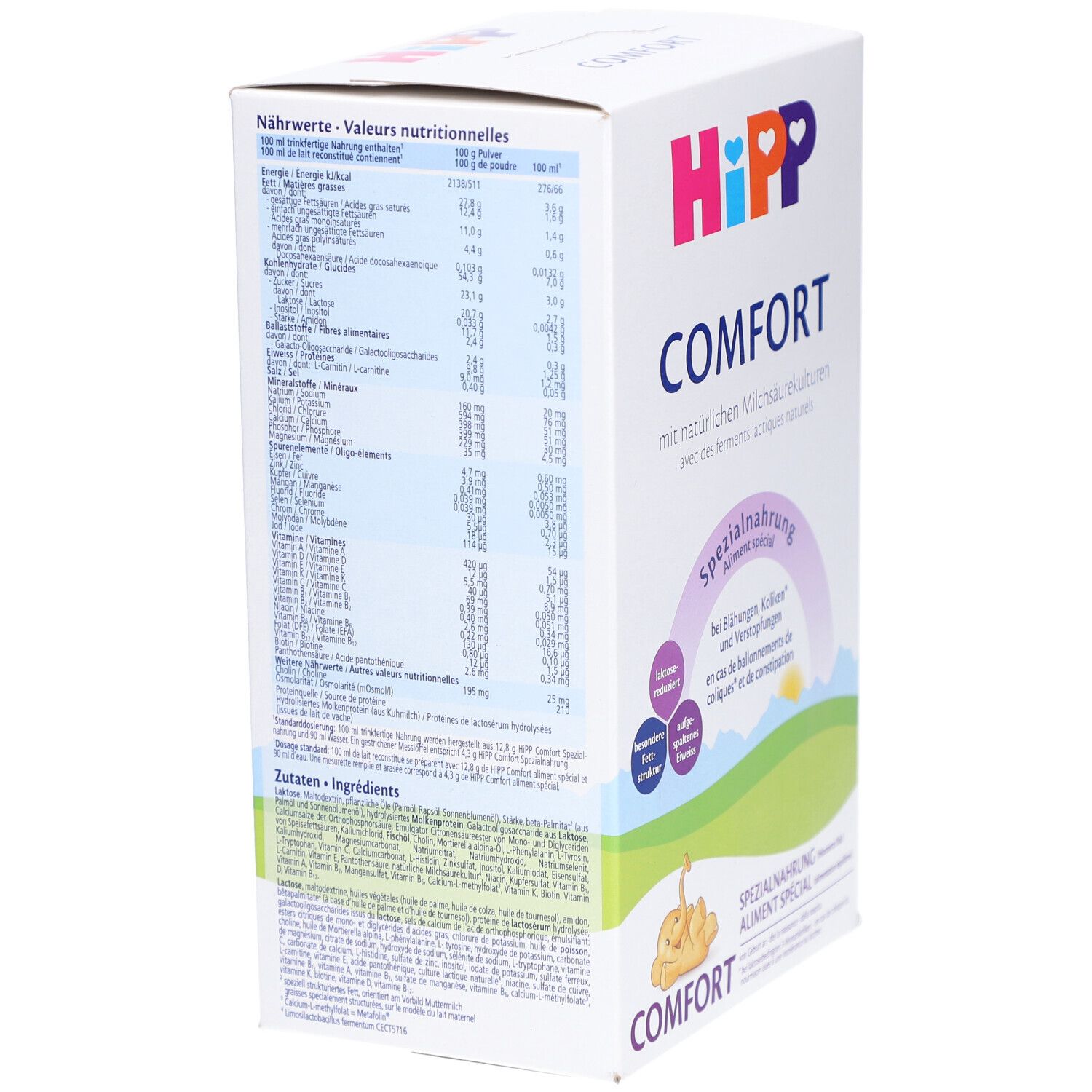 Vue latérale de la boîte HiPP Comfort Spezialnahrung. Contient des informations nutritionnelles et des listes d'ingrédients. Texte en allemand et français.