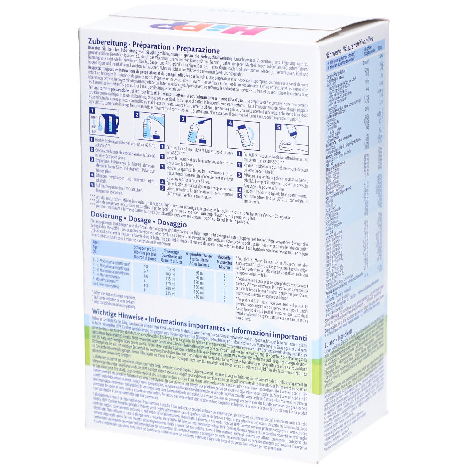Dos de la boîte HiPP Comfort Spezialnahrung. Instructions de préparation et de dosage. Texte en allemand et français.