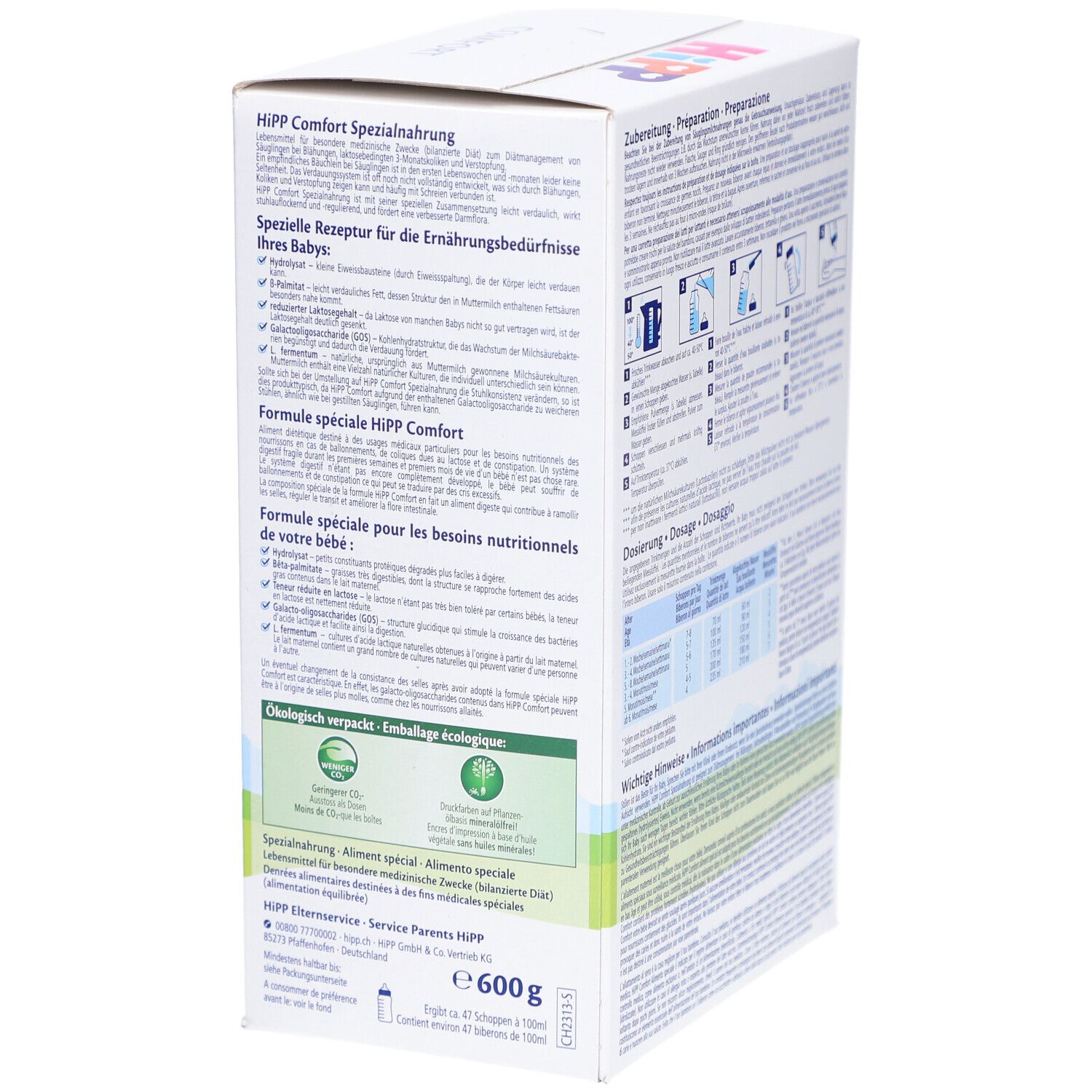 Dos de la boîte HiPP Comfort Spezialnahrung. Texte sur la recette spéciale. Texte en allemand et français. Éco-label.