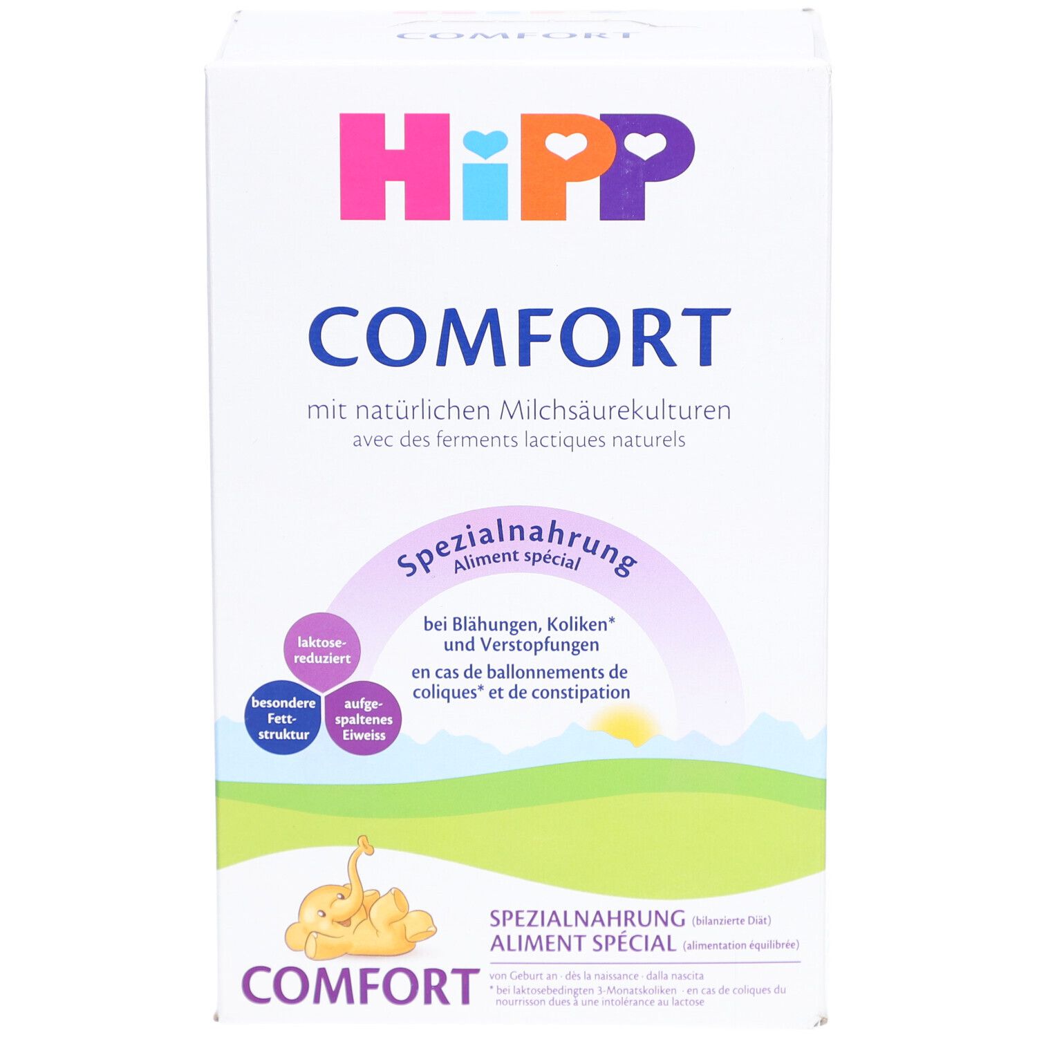 Boîte HiPP Comfort Spezialnahrung. Blanche, logo et noms de produits. Texte en allemand et français. Illustration d'un bébé.