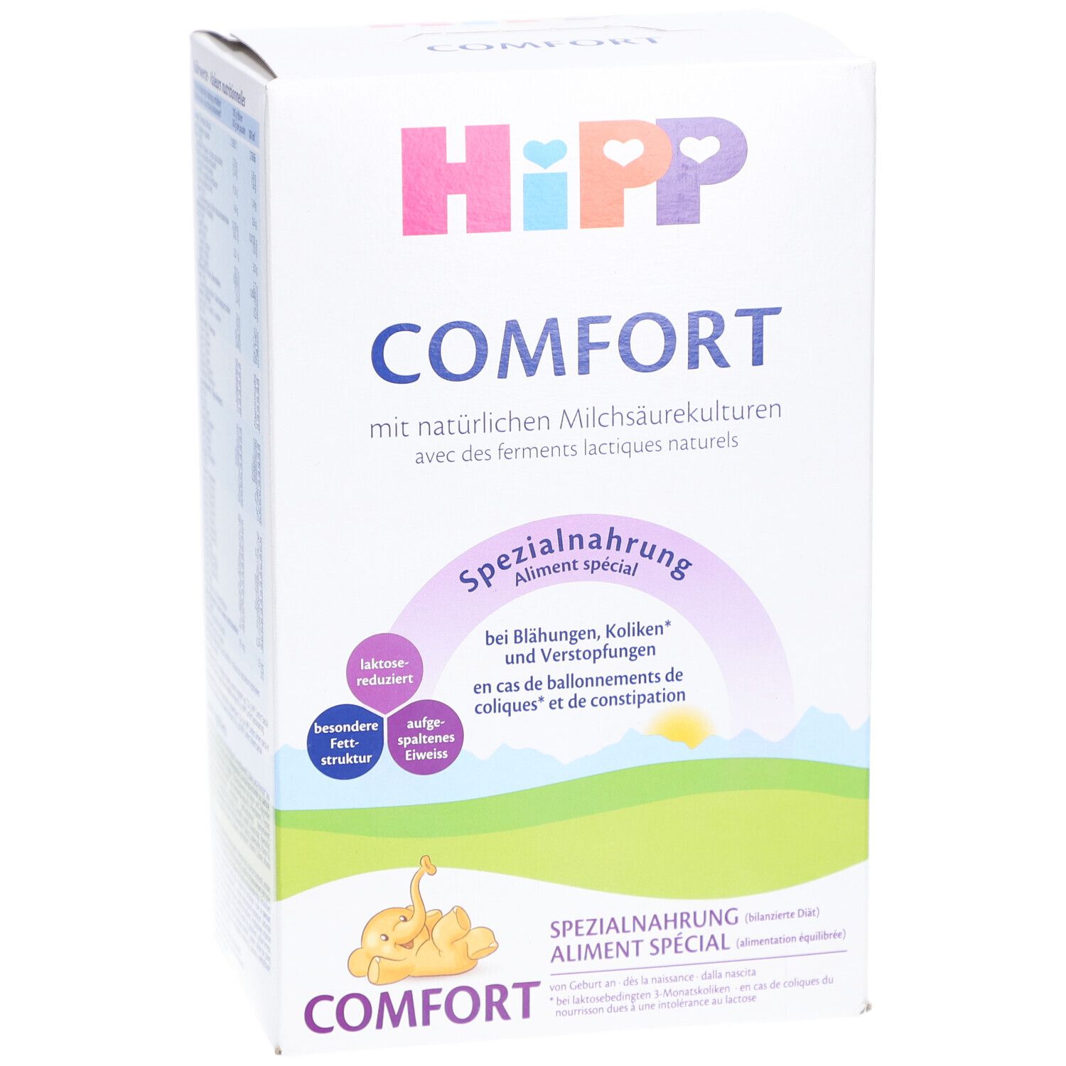 Boîte HiPP Comfort Spezialnahrung. Blanche, logo et noms de produits. Texte en allemand et français. Illustration d'un bébé.