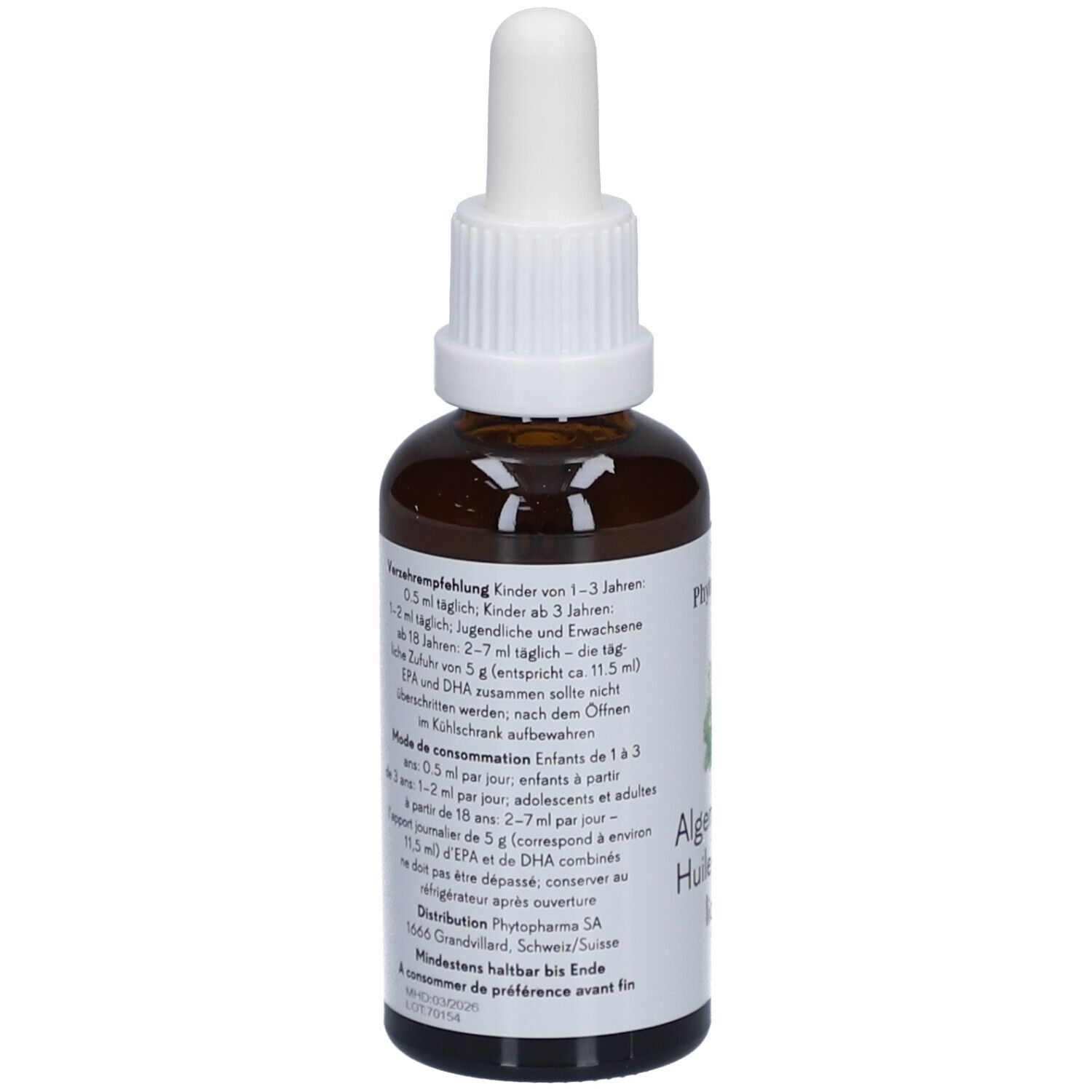 Flacon en verre brun avec bouchon blanc et pipette. Étiquette avec informations sur le produit. Label vegan. Vue arrière.