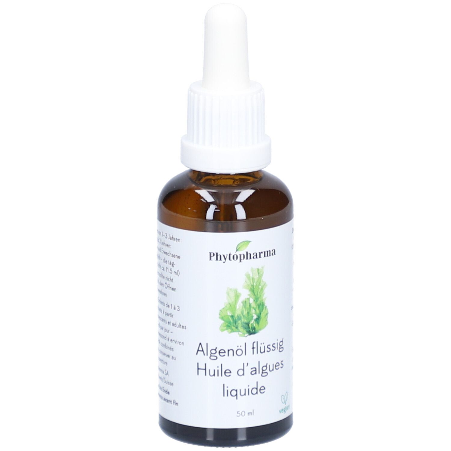Flacon en verre brun avec bouchon blanc et pipette. Étiquette avec nom du produit, marque et illustration d'algues. Label vegan.