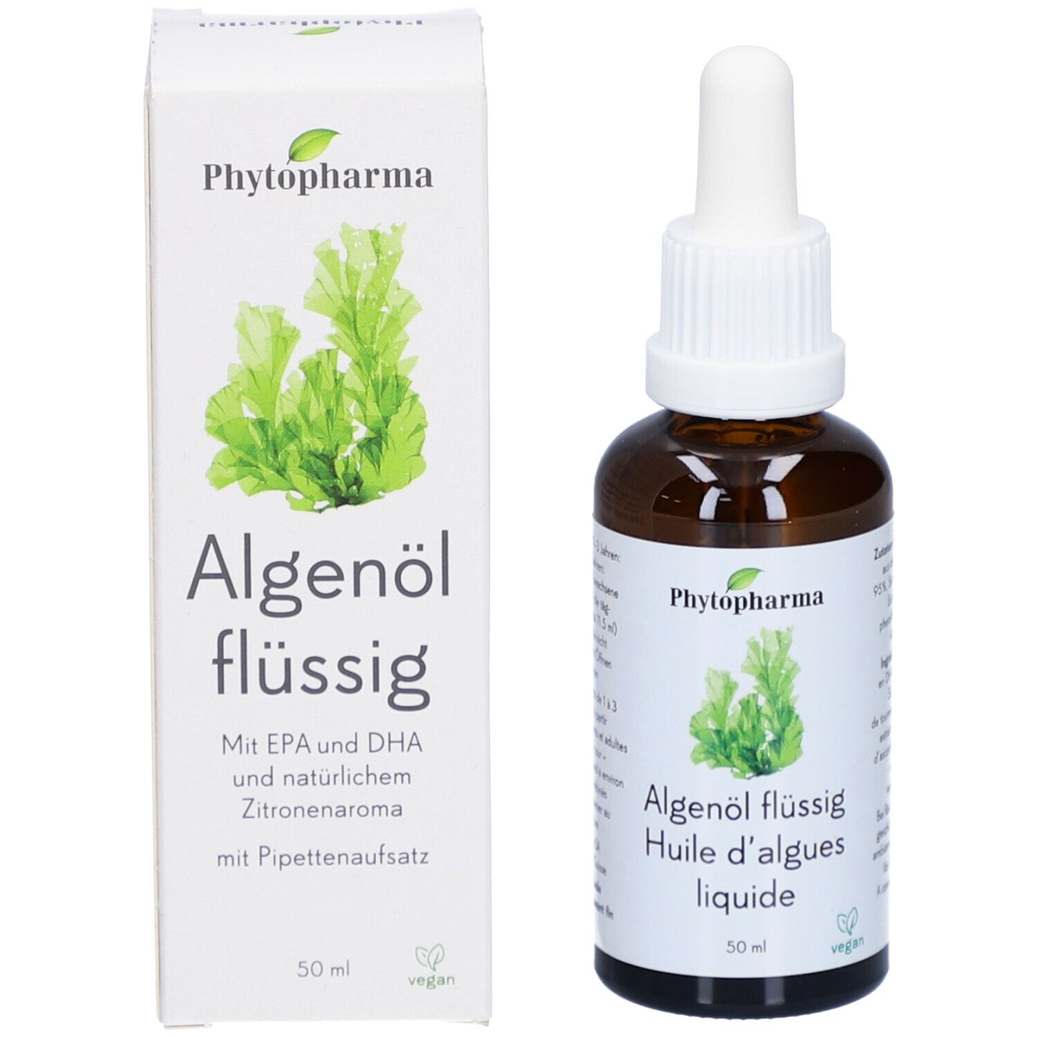 Flacon et emballage du produit. Flacon avec pipette, emballage avec nom du produit et illustration d'algues. Label vegan.
