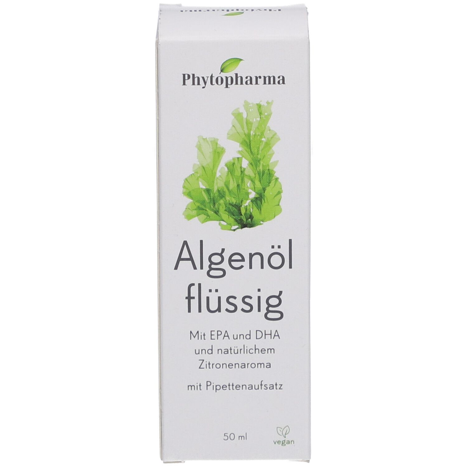 Emballage du produit. Nom du produit, illustration d'algues et label vegan. Avec applicateur pipette.
