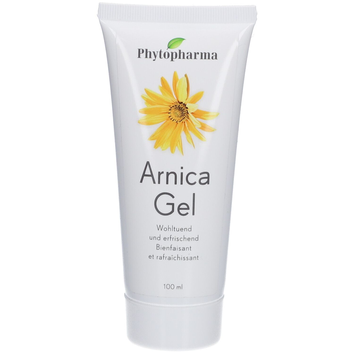 Tube blanche avec motif floral jaune et texte. Nom du produit: Arnica Gel. Marque: Phytopharma. 100 ml.