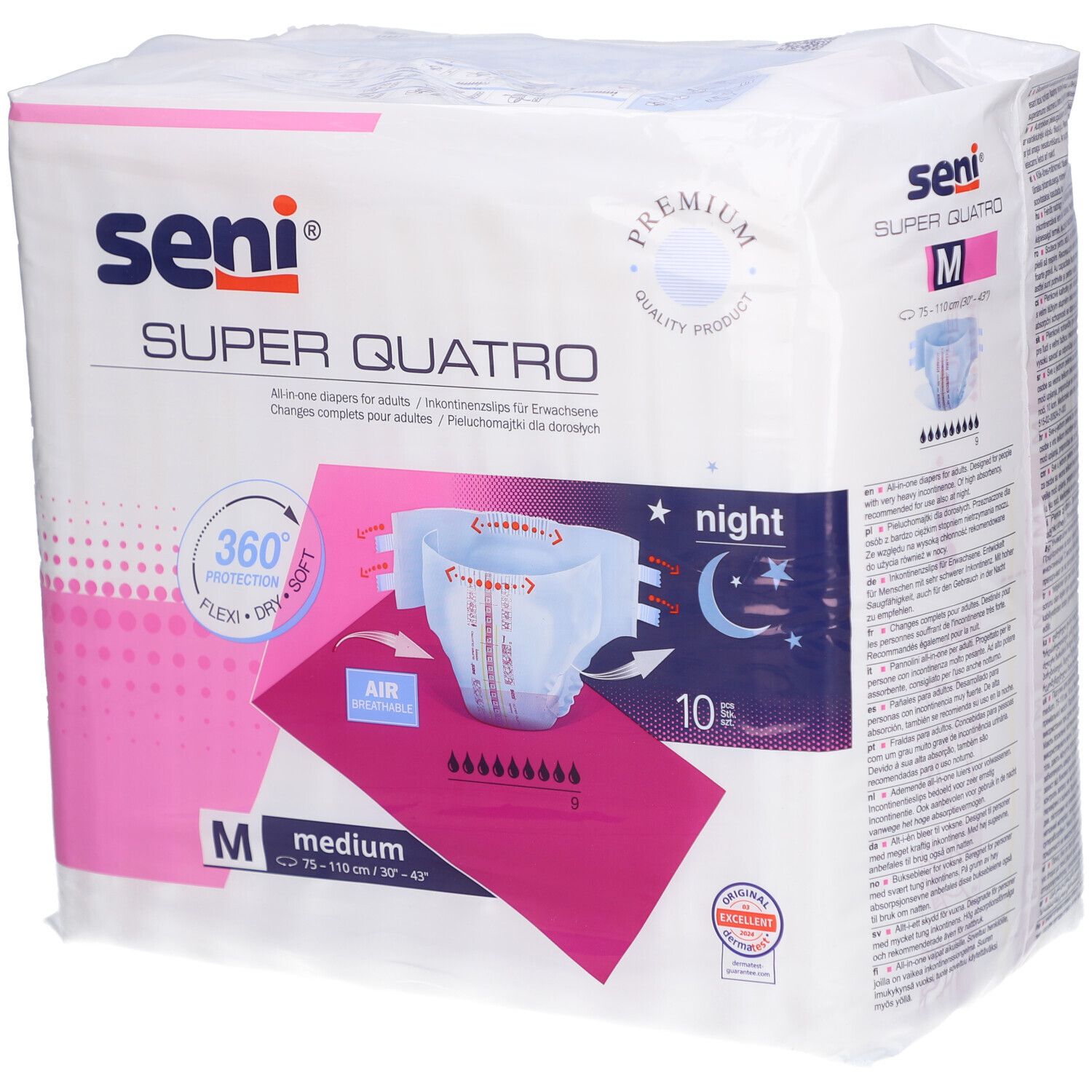 Paquet de Seni Super Quatro Night Medium. Taille M, 10 unités. Protection 360°, souple et doux. Design nuit.