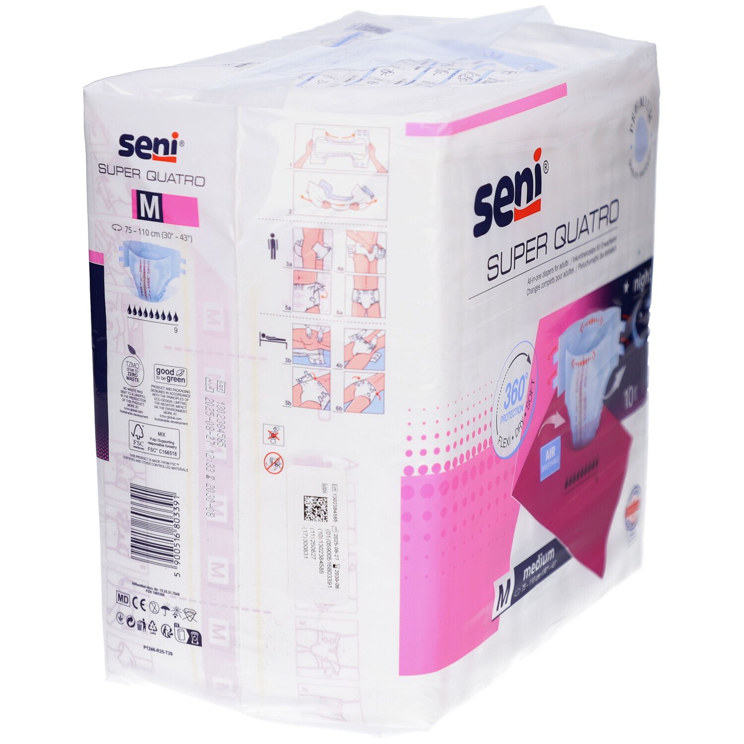 Paquet Seni Super Quatro Night Medium. Taille M. Informations produit et exemples d'utilisation au dos.