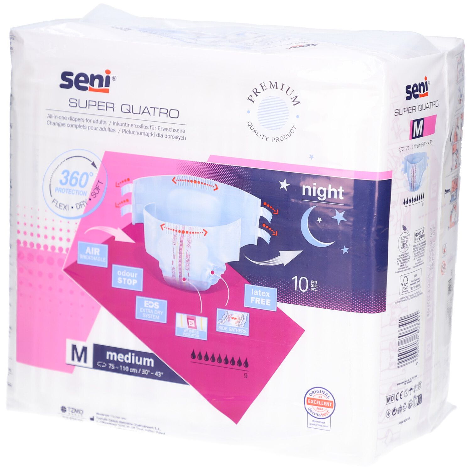 Paquet Seni Super Quatro Night Medium. Taille M, 10 unités. Protection 360°, souple et doux. Design nuit.