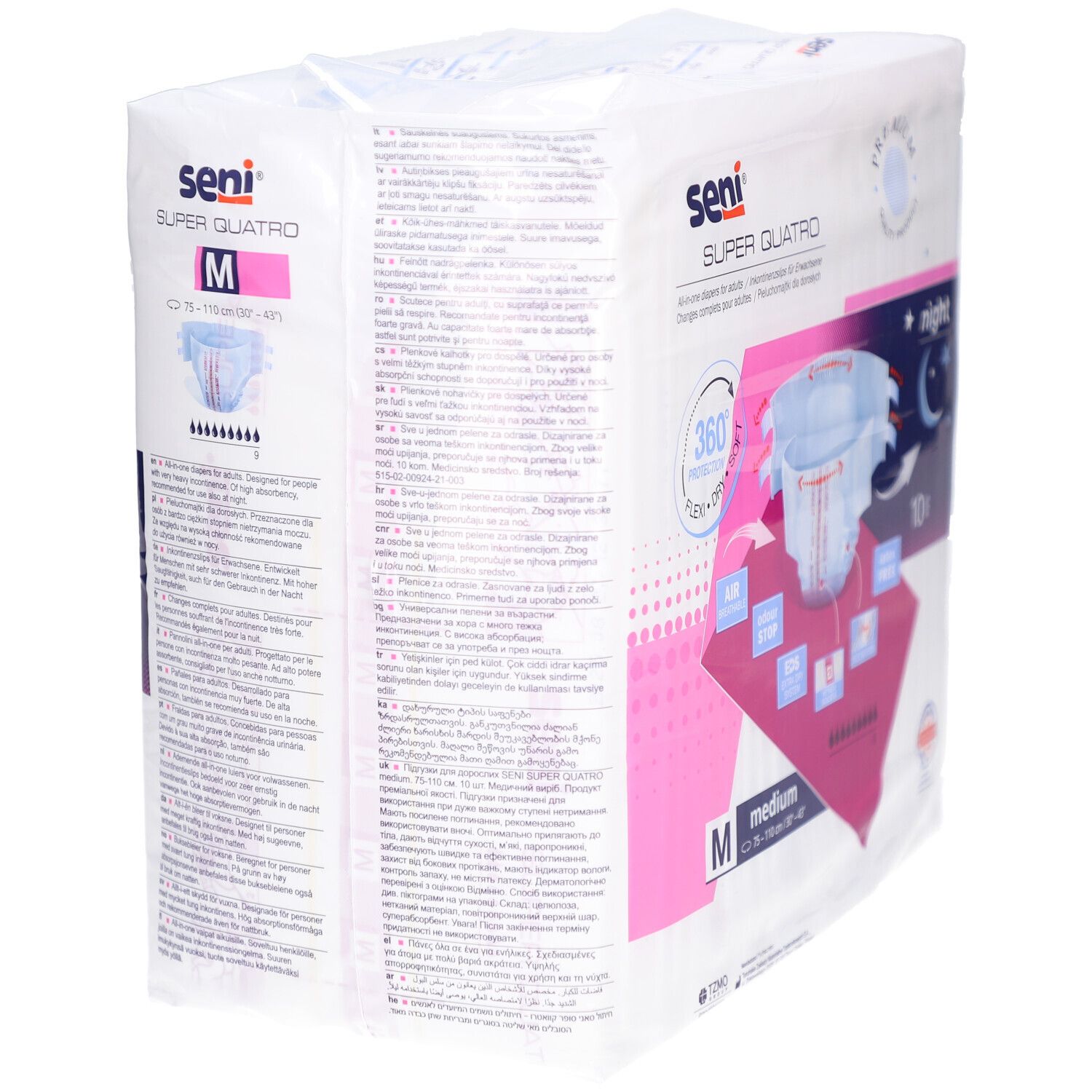 Paquet Seni Super Quatro Night Medium. Taille M. Informations produit au dos.