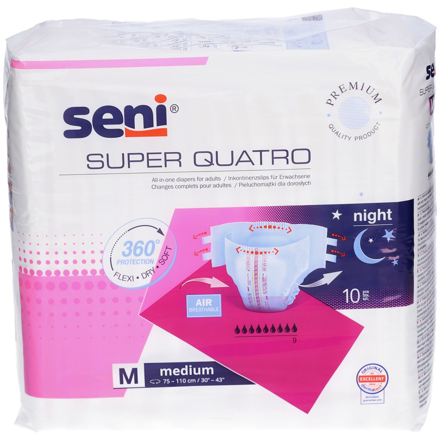 Paquet Seni Super Quatro Night Medium. Taille M, 10 unités. Protection 360°, souple et doux. Design nuit.