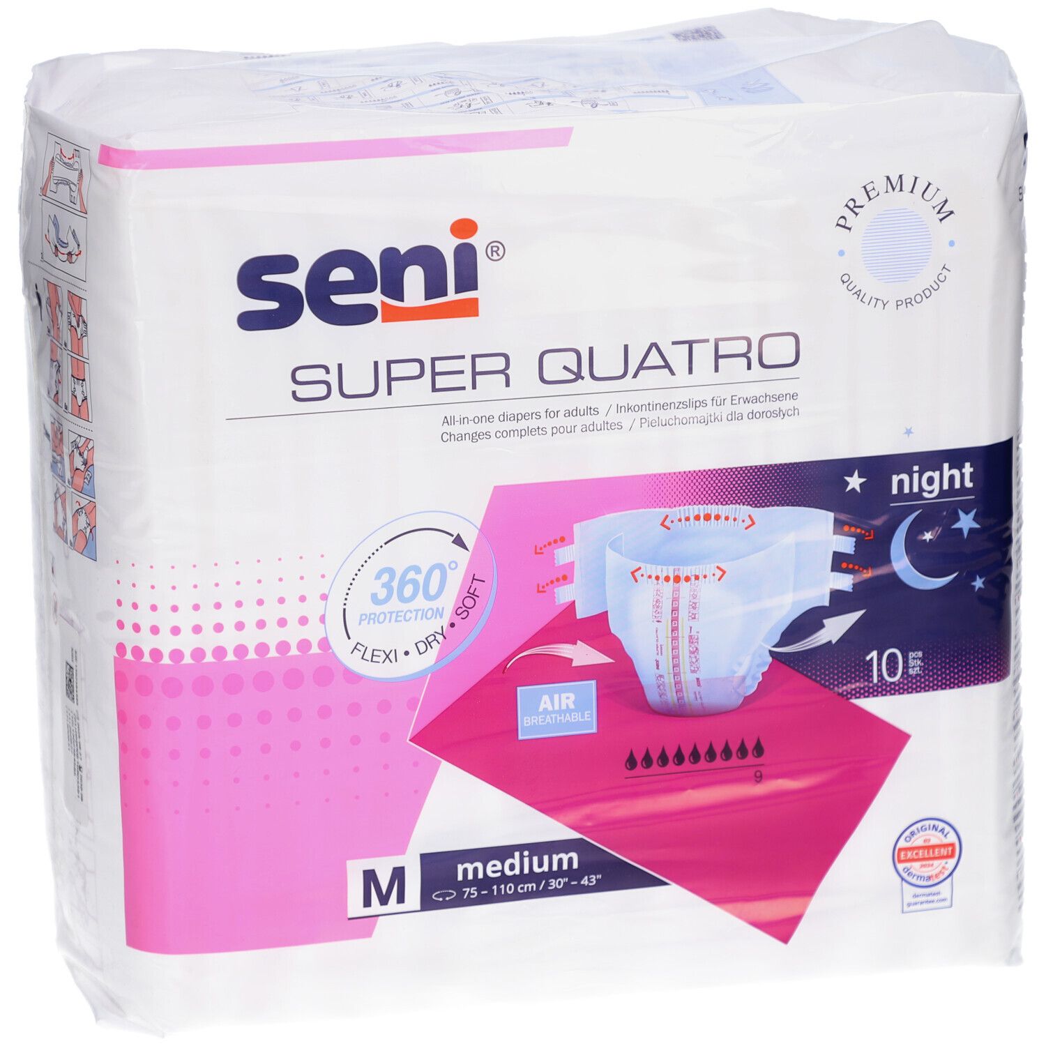 Paquet Seni Super Quatro Night Medium. Taille M, 10 unités. Protection 360°, souple et doux. Design nuit.