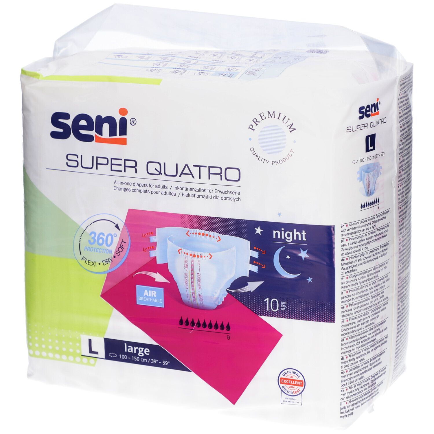 Paquet de Seni Super Quatro L. Inscriptions : Seni, Super Quatro, L, night, 10 pièces. Illustration d'une couche.