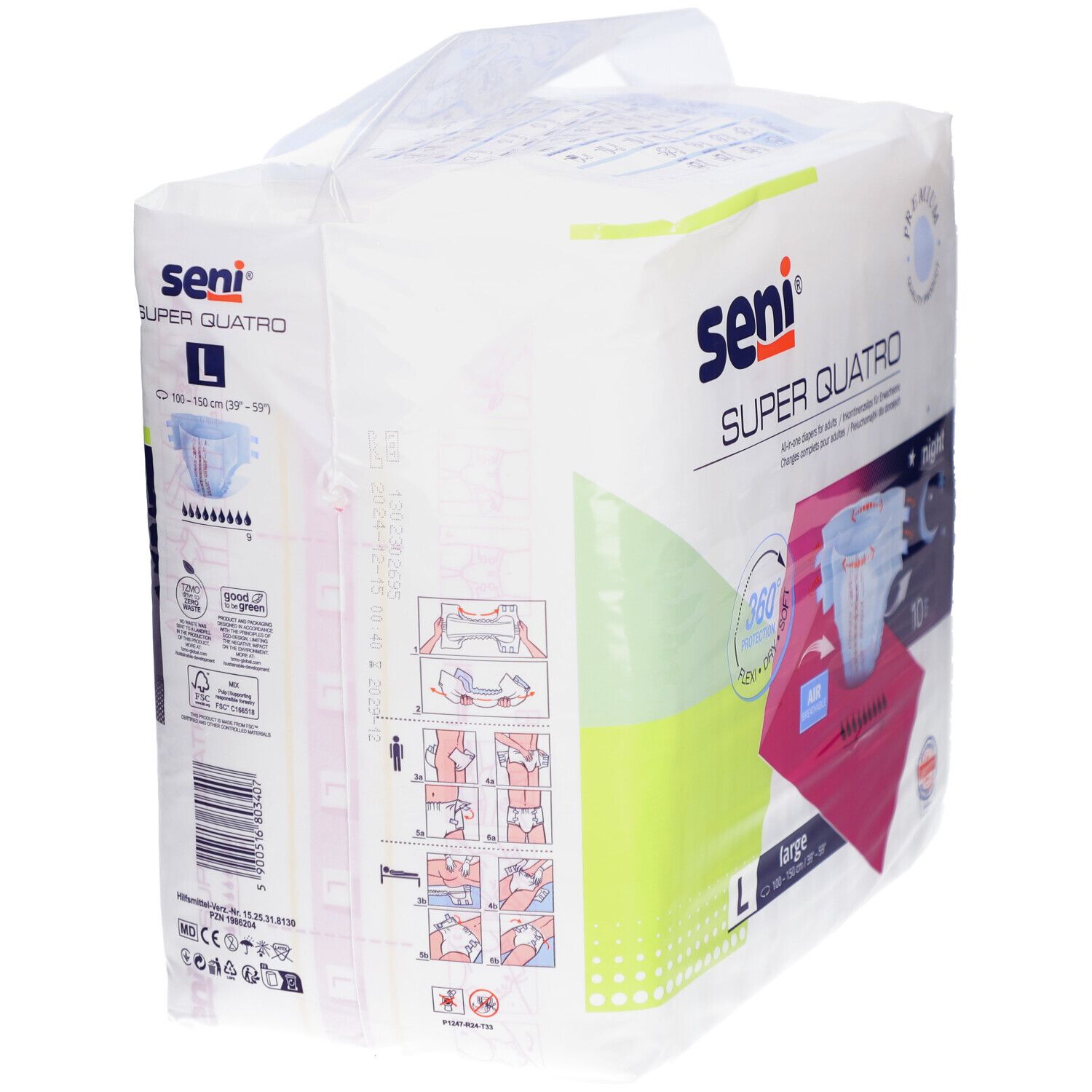 Paquet de Seni Super Quatro L. Inscriptions : Seni, Super Quatro, L. Dos avec pictogrammes et informations produit.