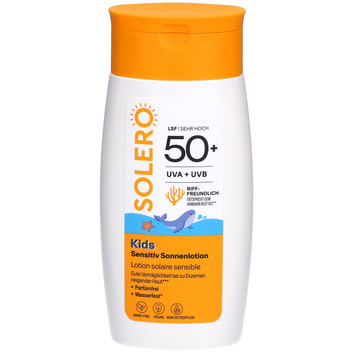 Flacon blanc, bouchon orange. Inscriptions: SOLERO, 50+, UVA+UVB, Kids Sensitiv Sonnenlotion.