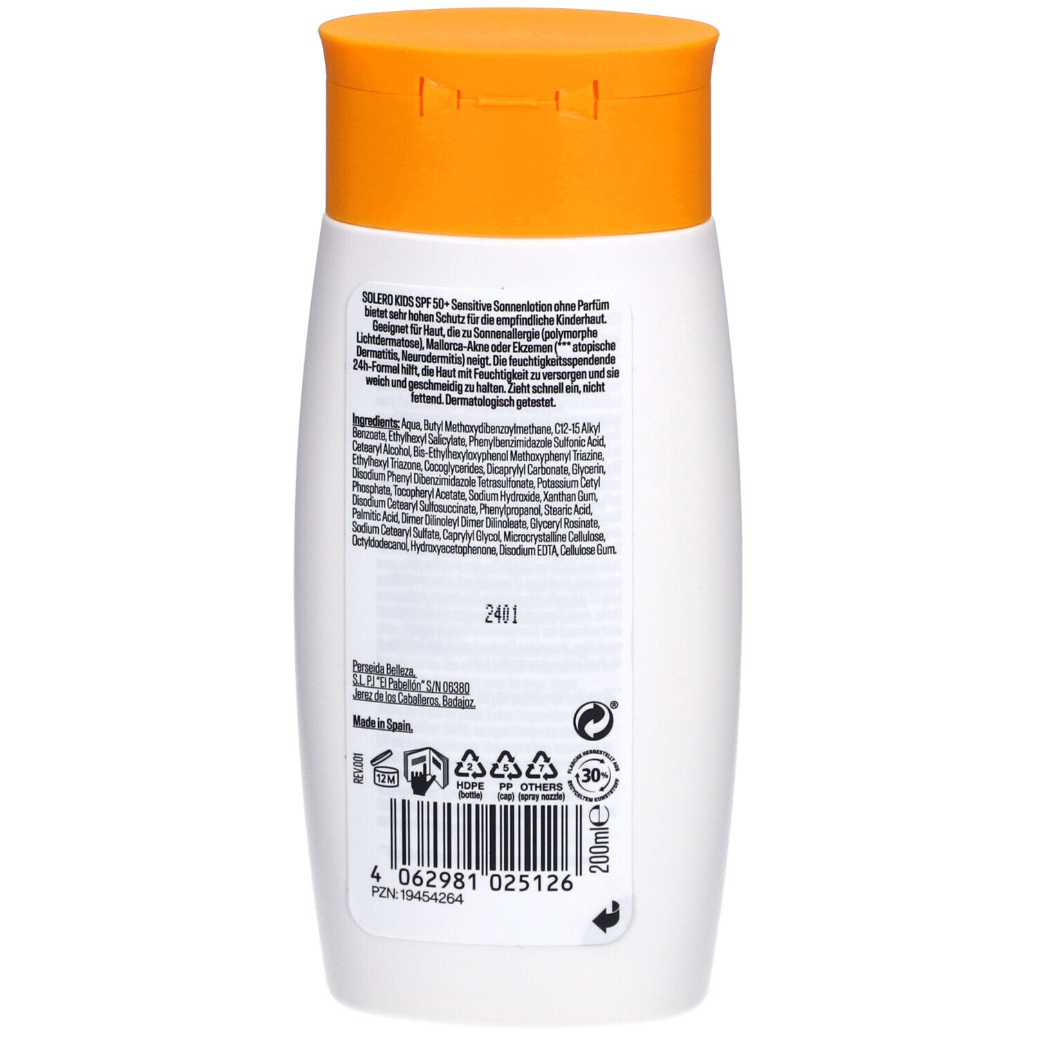Dos du flacon blanc. Texte: SOLERO Sonnenschutz-Lotion Kinder SPF50+. Ingrédients, symboles de recyclage, 200ml.