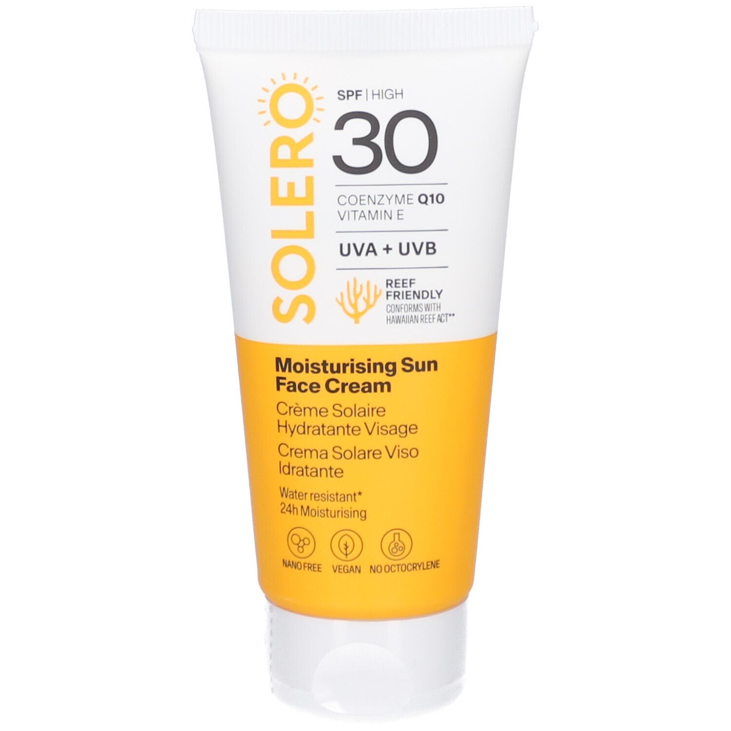 Tube de crème solaire SOLERO SPF30. Zone jaune avec nom et ingrédients. Contient UVA+UVB et est résistante à l'eau.