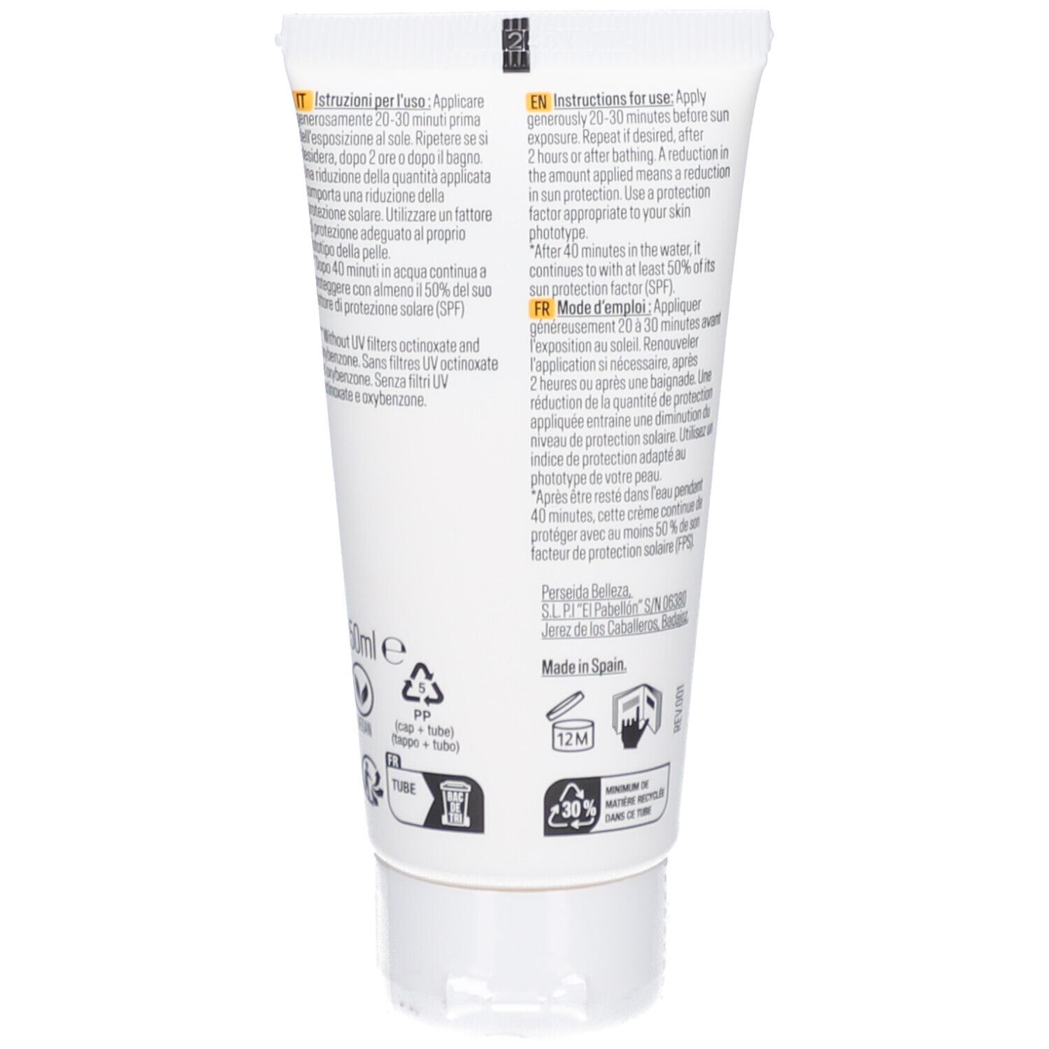 Dos du tube de crème solaire SOLERO. Contient des instructions multilingues, des ingrédients et des symboles de recyclage.
