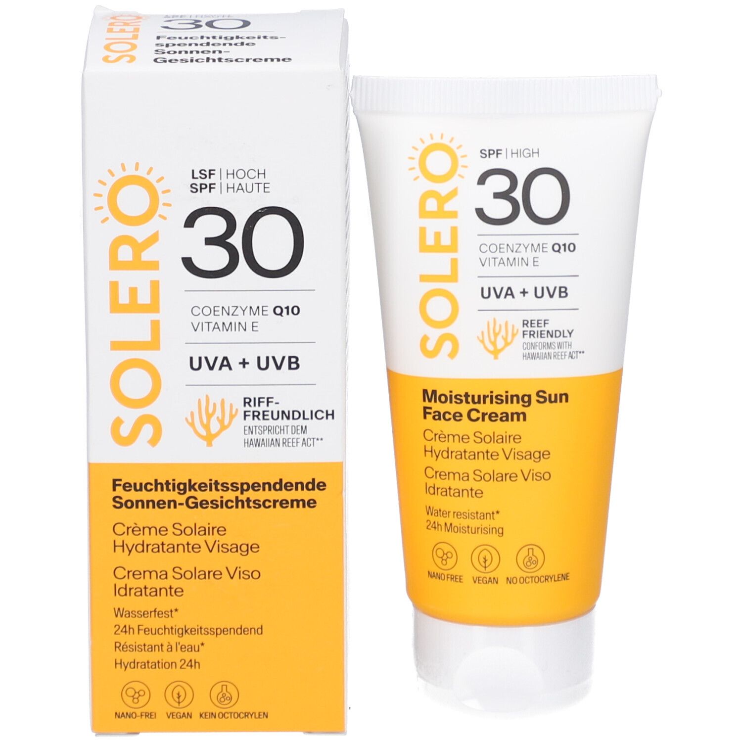 Tube et boîte de crème solaire SOLERO SPF30. La boîte affiche le nom du produit, SPF30 et les ingrédients. Tube à côté.