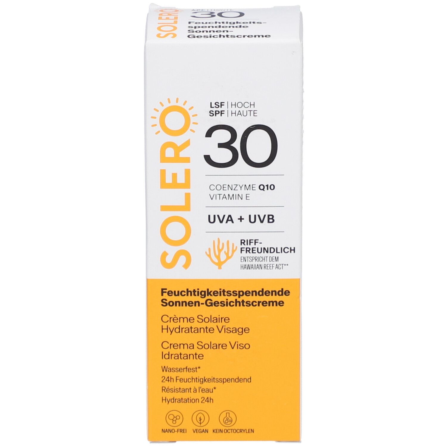 Boîte de crème solaire SOLERO SPF30. Affiche le nom du produit, SPF30, les ingrédients et les certifications. Zone jaune.