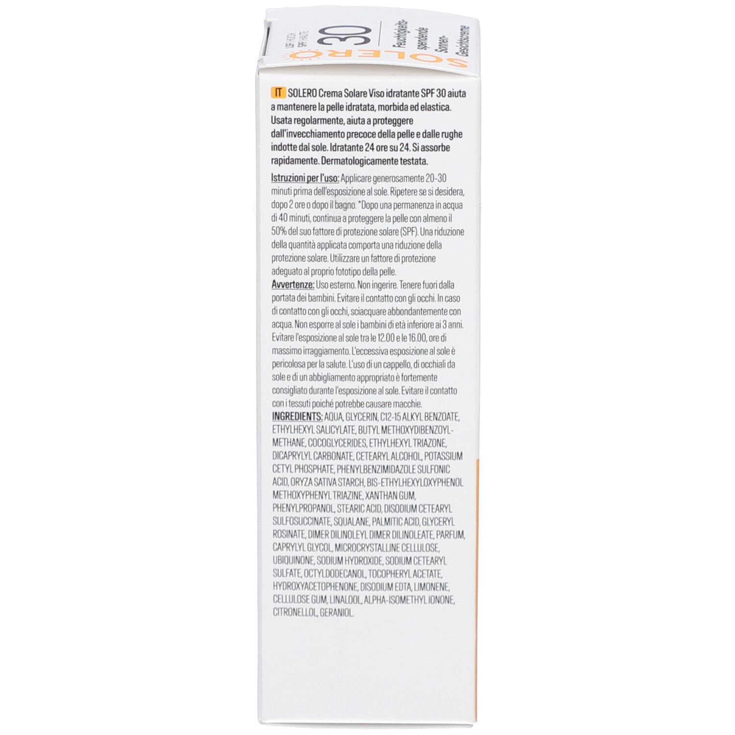 Dos de la boîte de crème solaire SOLERO. Contient des instructions, des ingrédients et des avertissements multilingues.