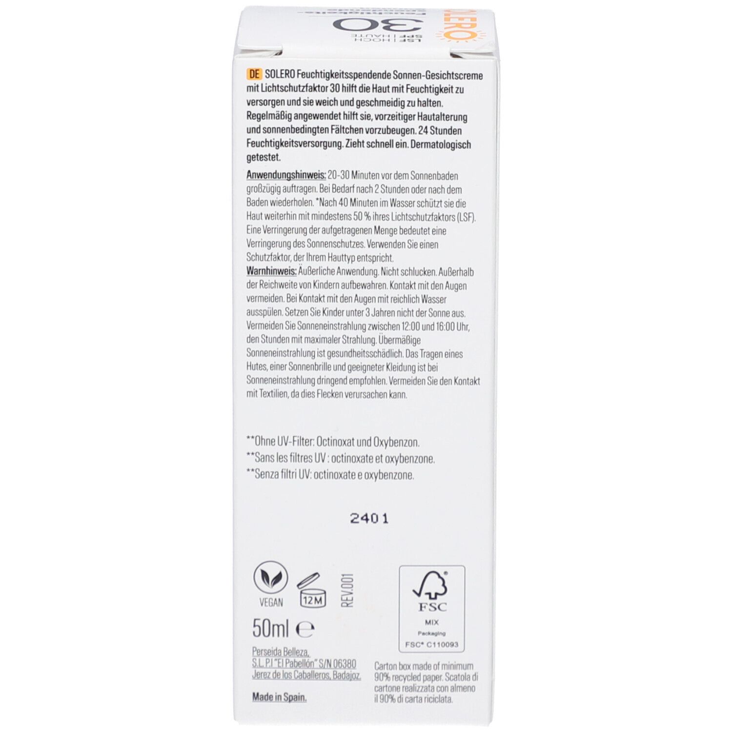 Boîte de crème solaire SOLERO. Contient des informations sur le produit, des ingrédients, des avertissements et des symboles de recyclage.
