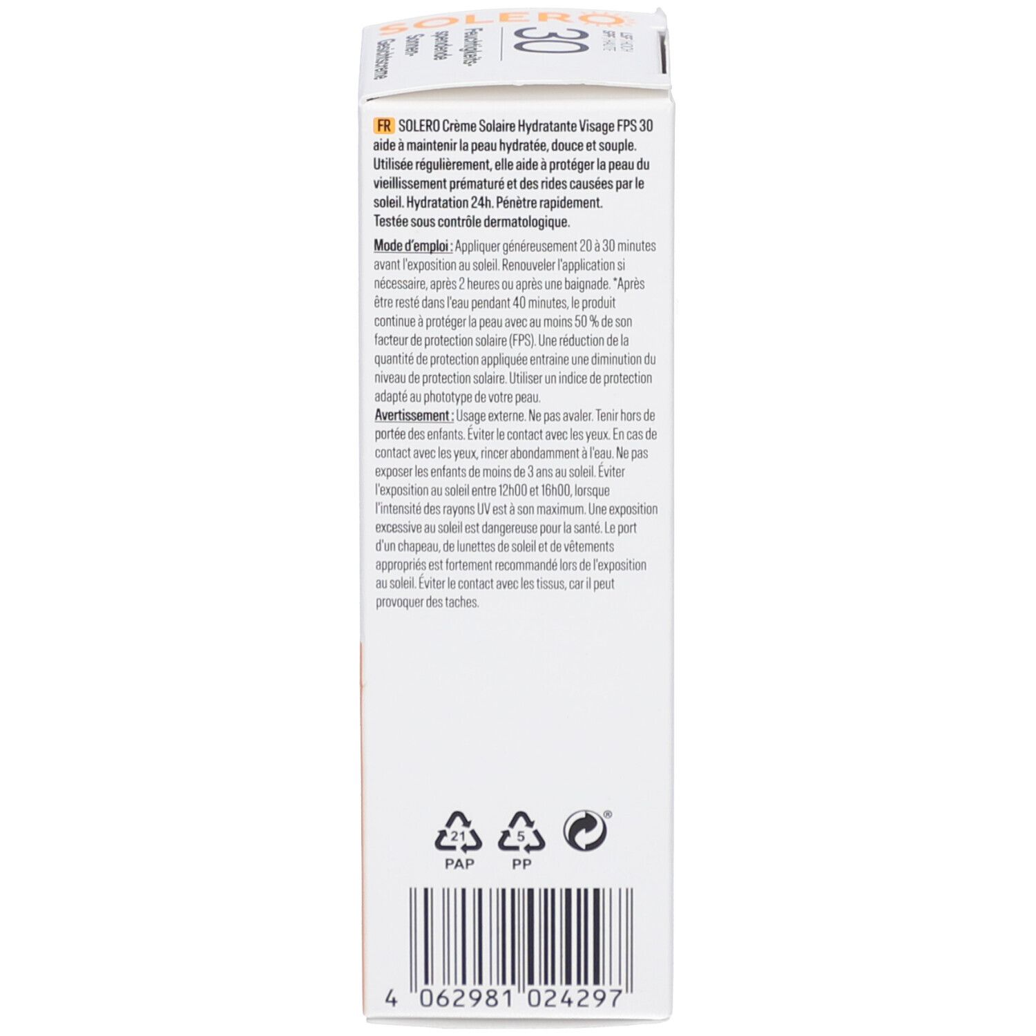 Boîte de crème solaire SOLERO. Contient des informations sur le produit, des ingrédients, des avertissements et un code-barres.