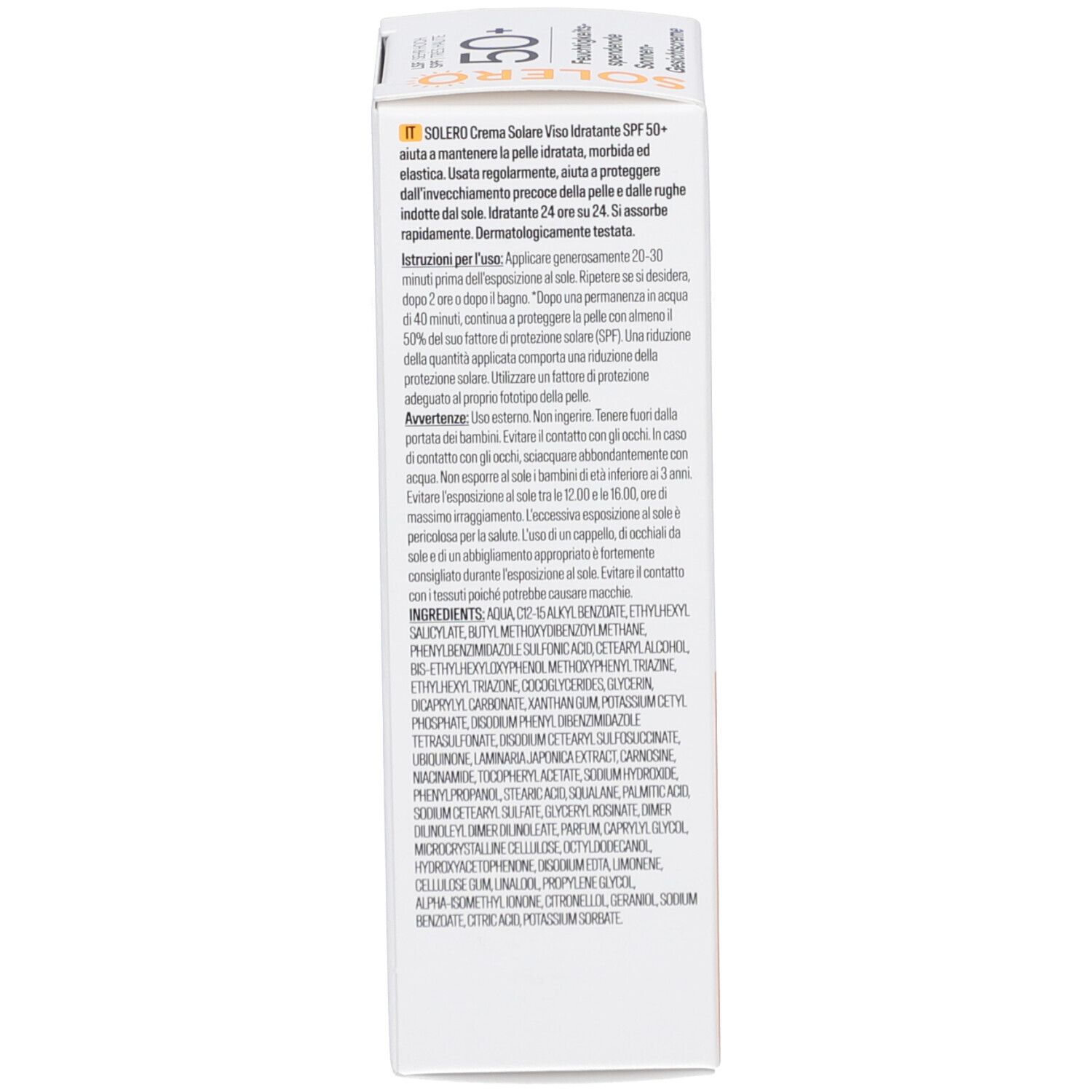 Dos de l'emballage en carton. Texte multilingue. Instructions d'utilisation, ingrédients et fabricant. Symboles de recyclage.