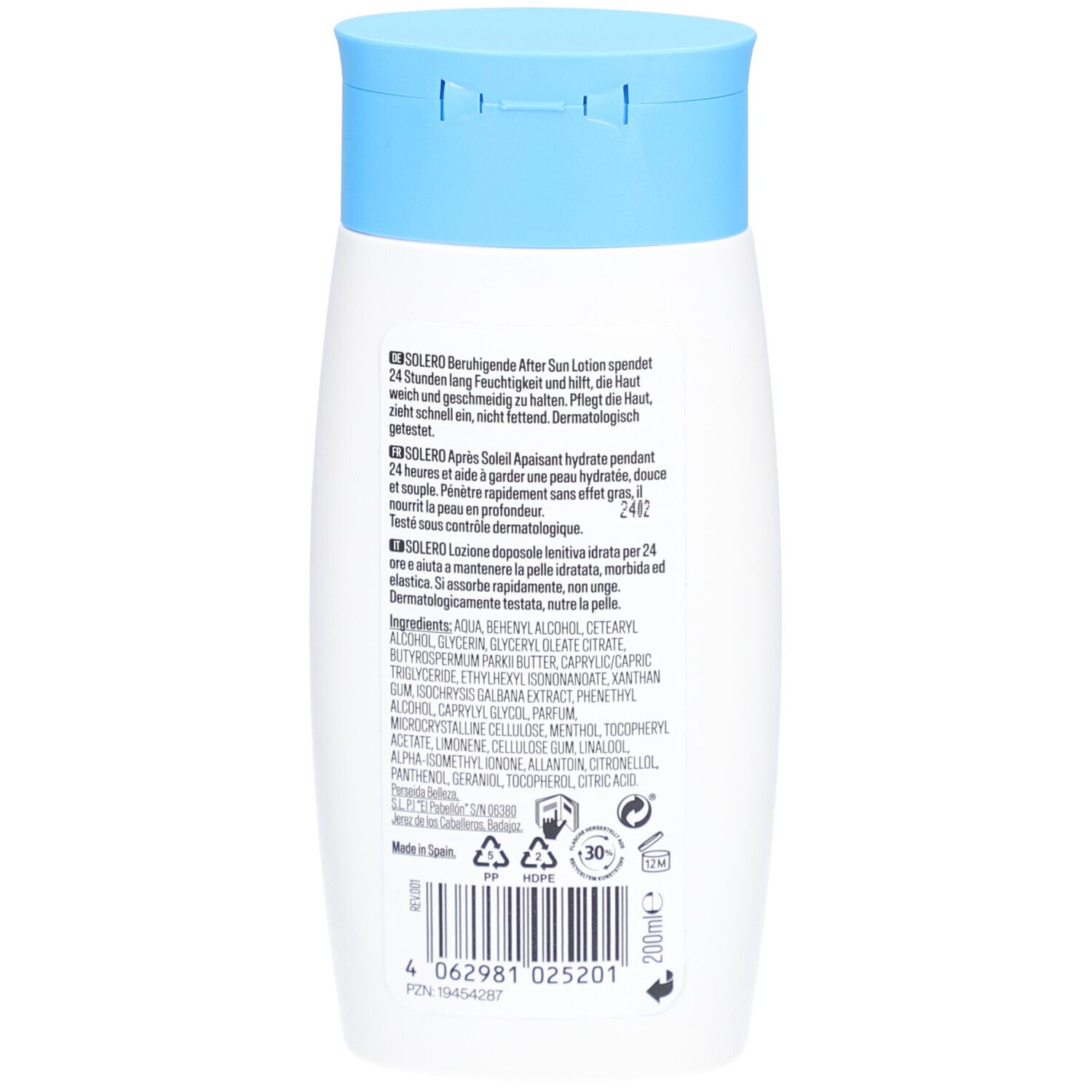 Dos de la lotion SOLERO Après Soleil. Texte et ingrédients. Flacon avec bouchon bleu. Logos: vegan, sans nano. Volume: 200ml.