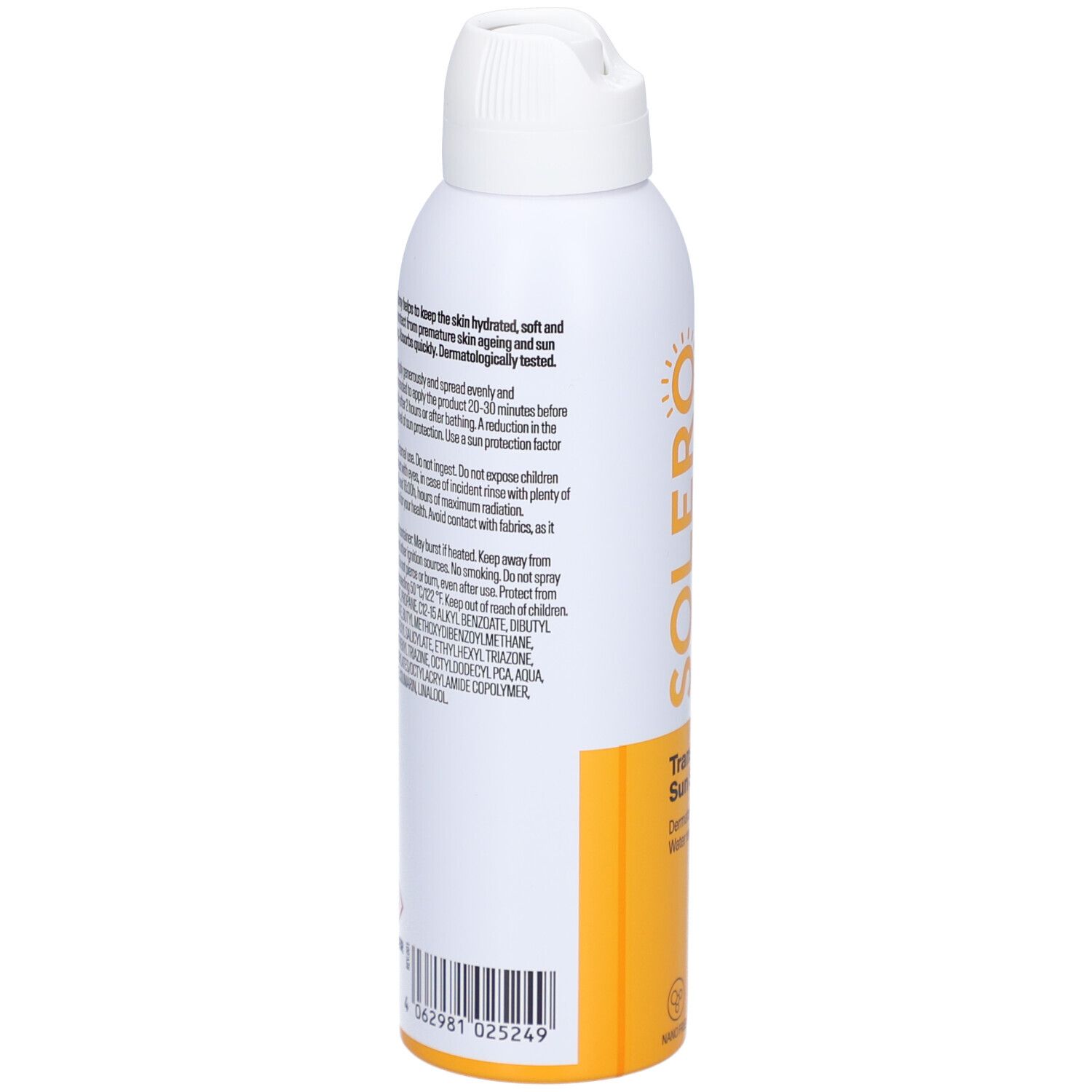Dos du flacon spray blanc avec texte. Contient ingrédients, avertissements et code-barres.