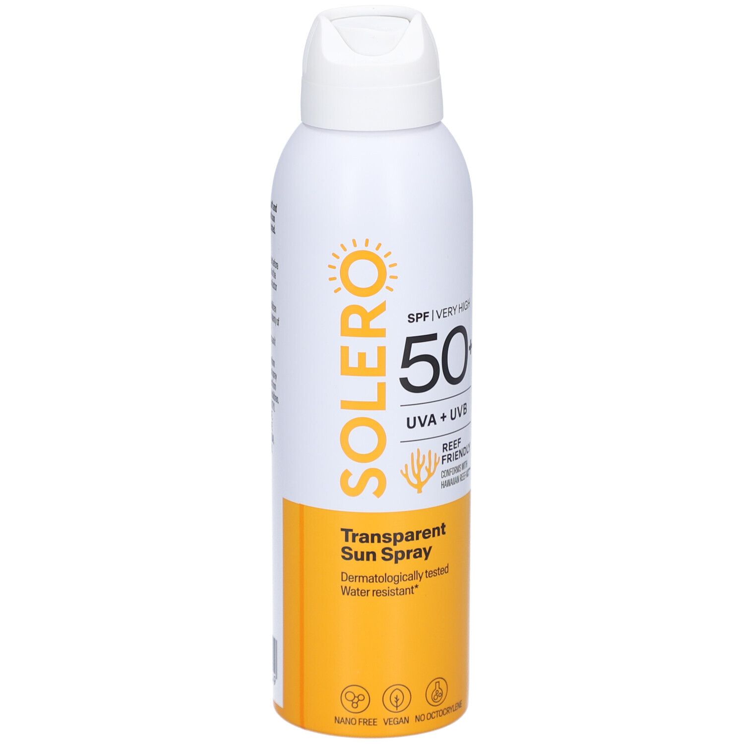 Flacon spray blanc avec logo SOLERO, SPF 50+, UVA+UVB, Transparent Sun Spray. Résistant à l'eau.