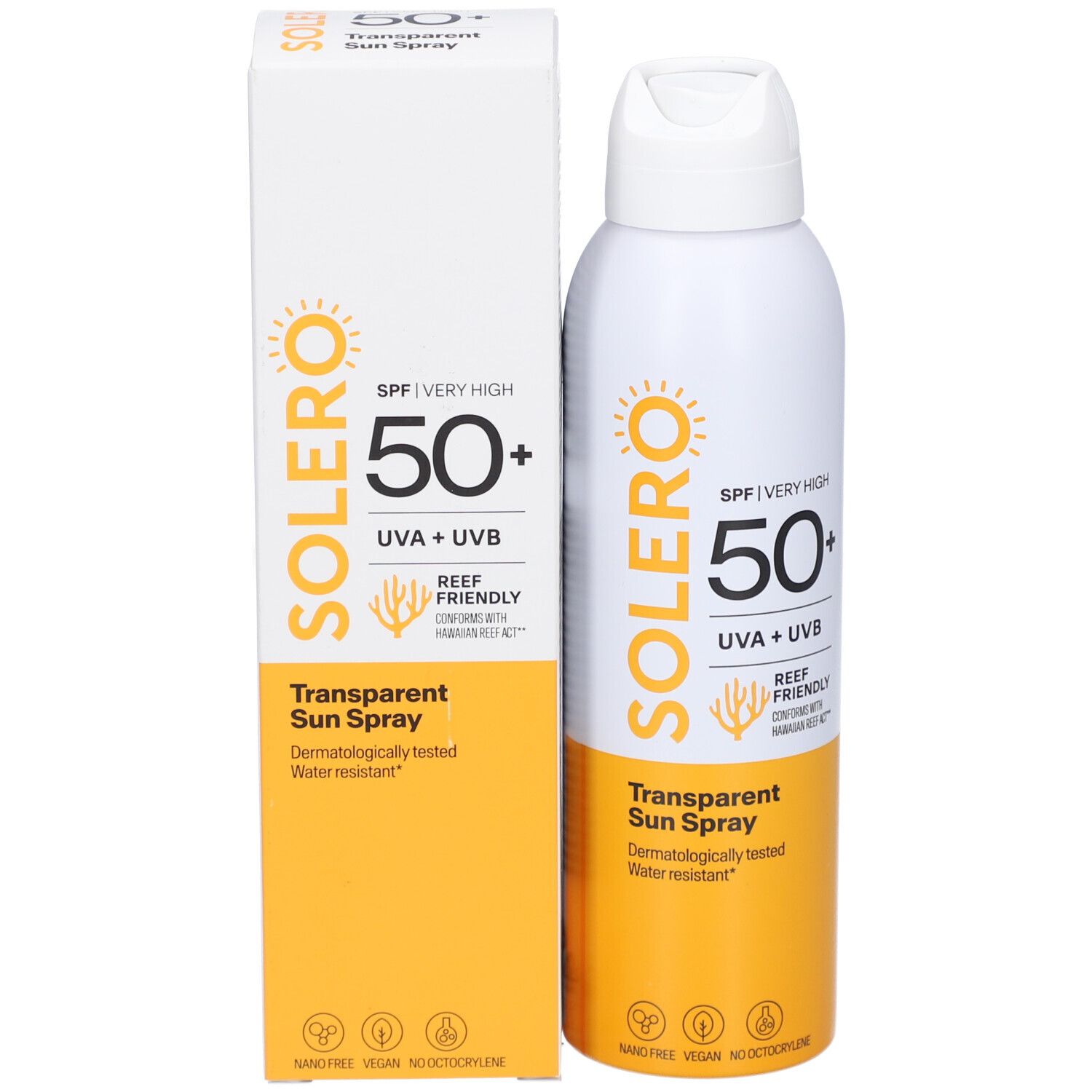 Flacon spray blanc et boîte avec logo SOLERO, SPF 50+, UVA+UVB, Transparent Sun Spray. Résistant à l'eau.