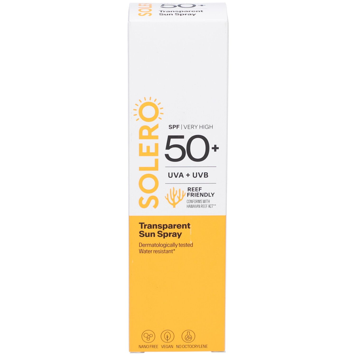 Boîte avec logo SOLERO, SPF 50+, UVA+UVB, Transparent Sun Spray. Résistant à l'eau.