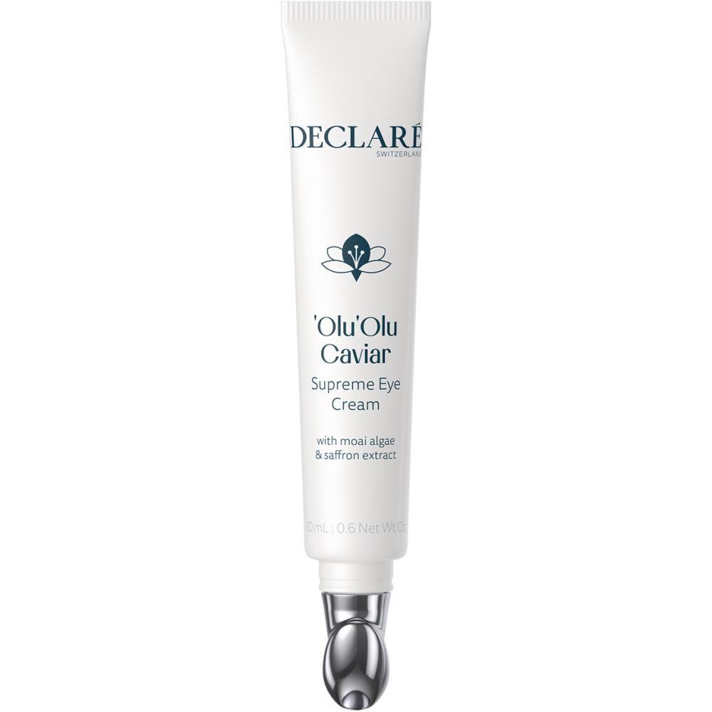 Tube blanche DECLARÉ. Contient 'Olu'Olu Caviar Supreme Eye Cream. Avec applicateur. Inscription et logo.