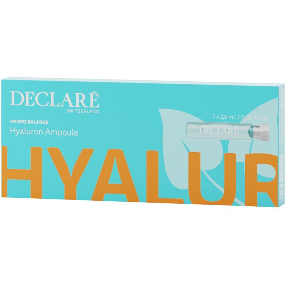 Boîte turquoise avec logo DECLARÉ et nom du produit. Contient sept ampoules. Inscription : Hyaluron Ampoule.