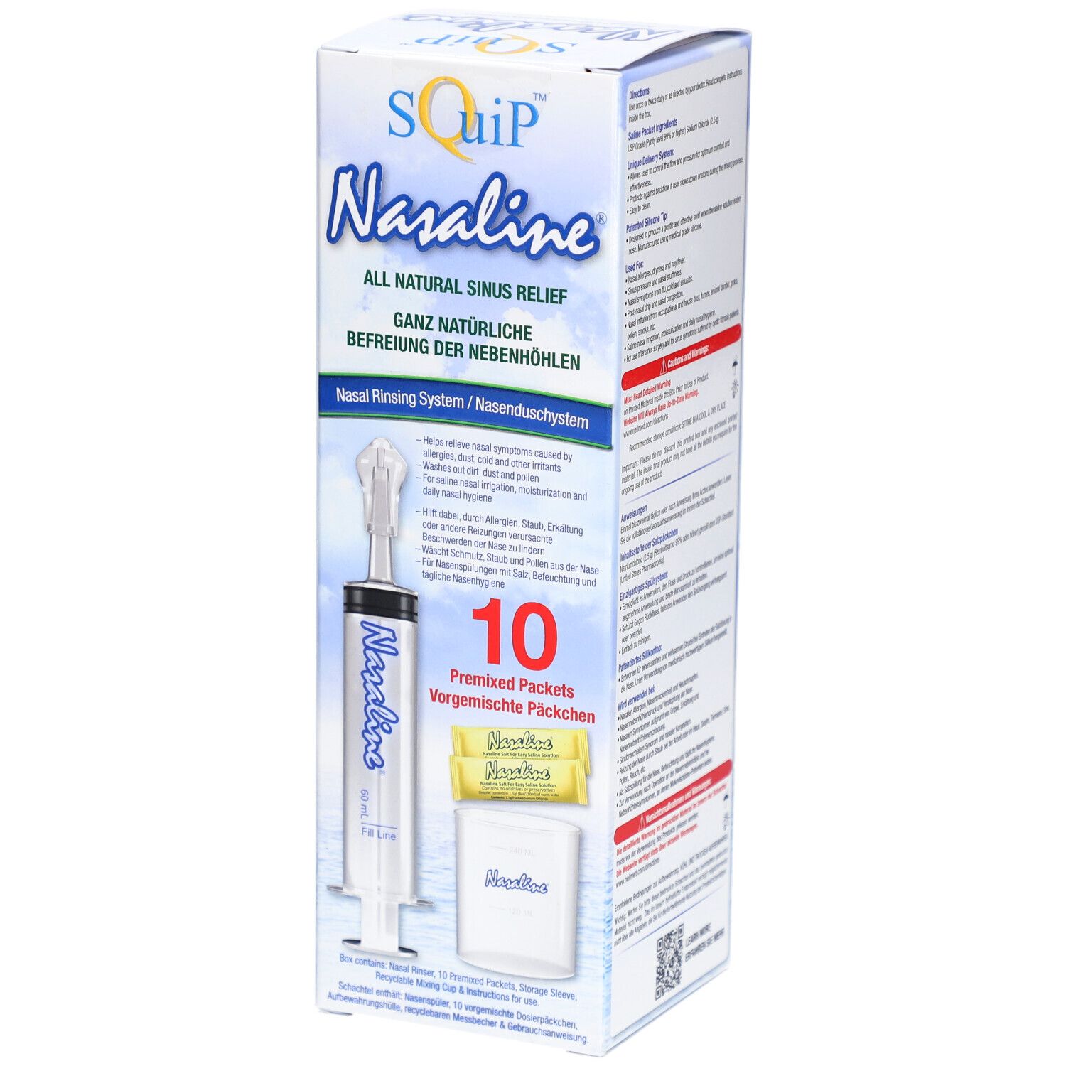 Boîte Nasaline, système de rinçage nasal, seringue, 10 sachets. Inscription: Nasaline, SQuip. Soulagement naturel des sinus.