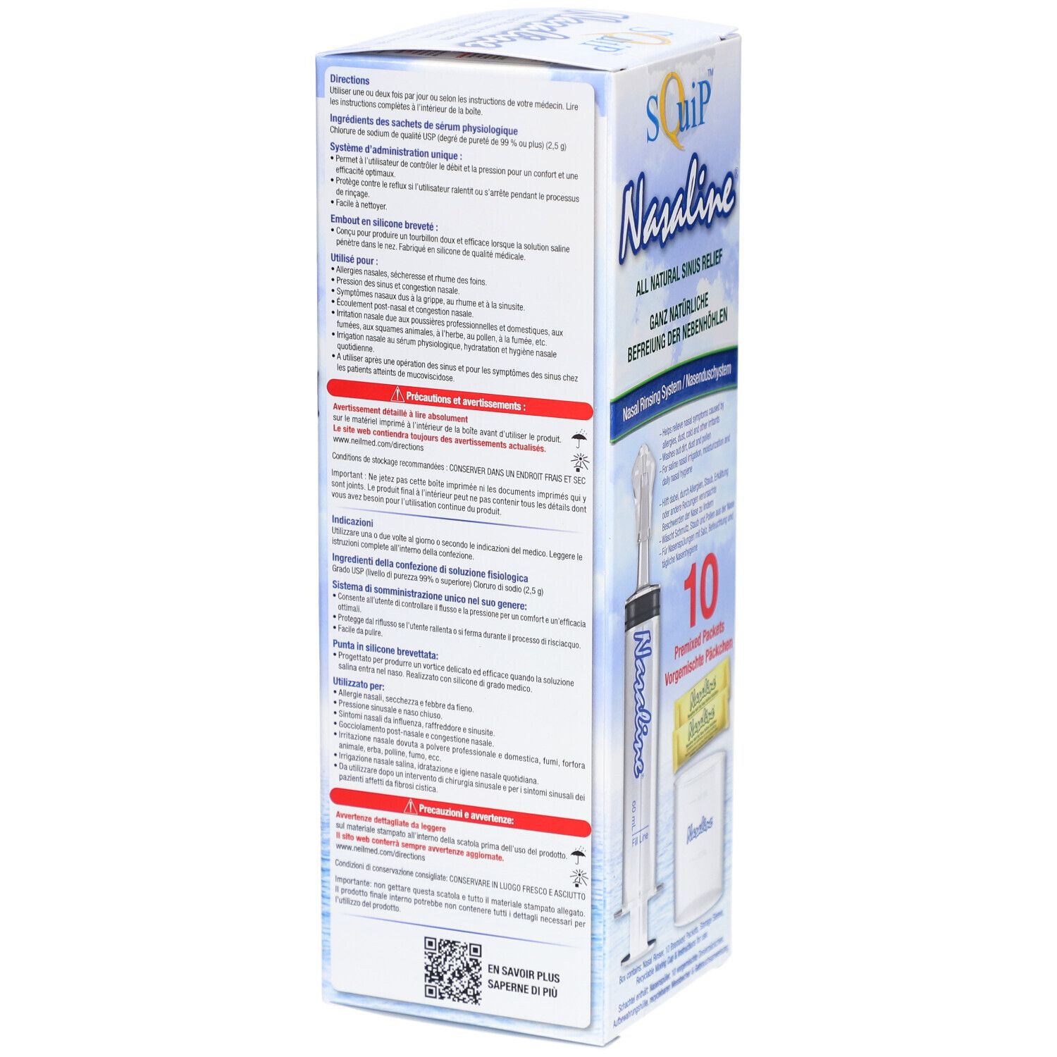 Dos de la boîte Nasaline. Texte en français, informations sur le produit, utilisation, ingrédients. Code QR.