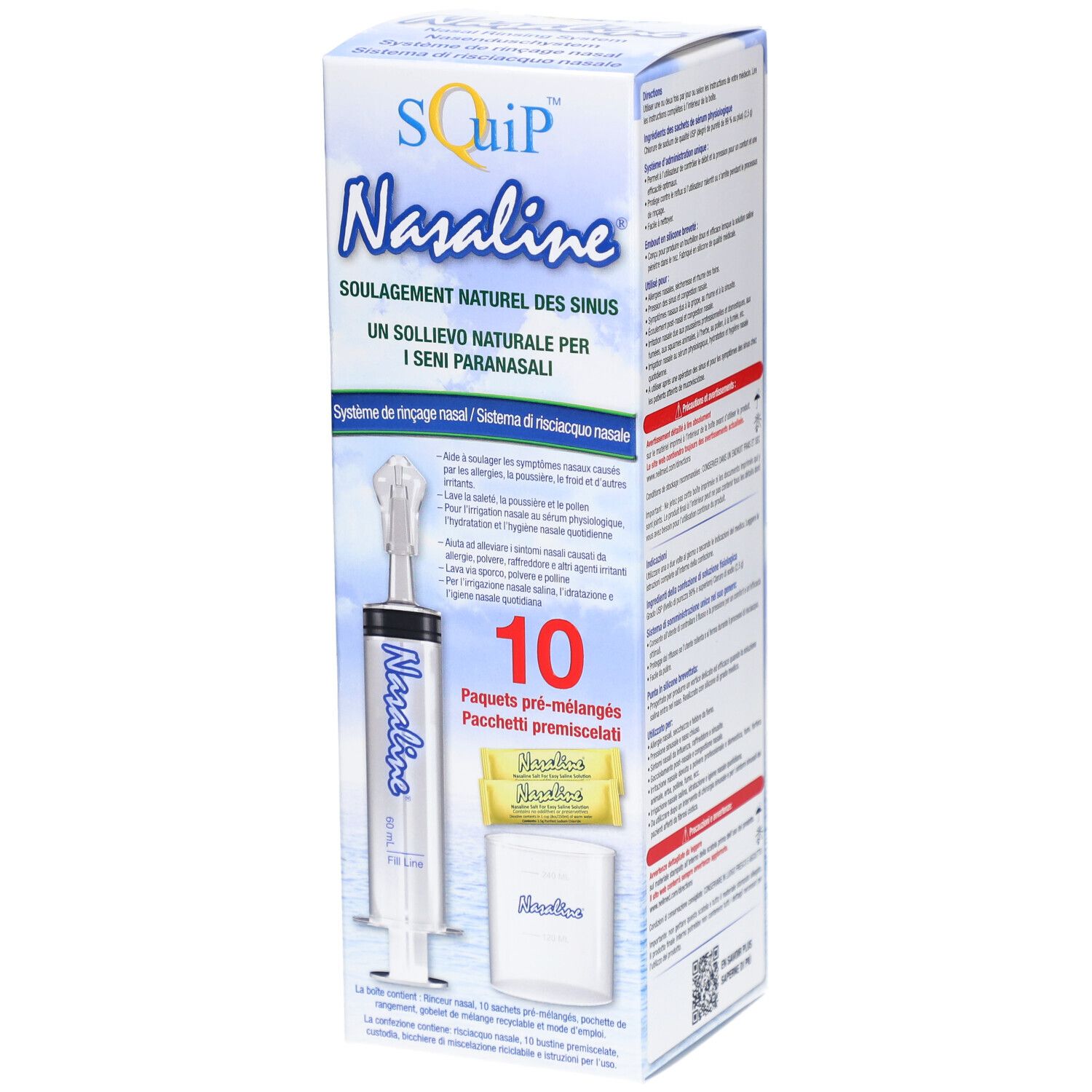 Boîte Nasaline. Système de rinçage nasal, seringue, 10 sachets. Inscription: Nasaline, SQuip. Soulagement naturel des sinus.