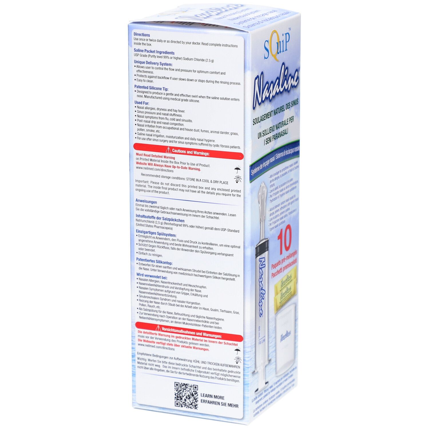 Dos de la boîte Nasaline. Texte en français, informations sur le produit, utilisation, ingrédients. Code QR.