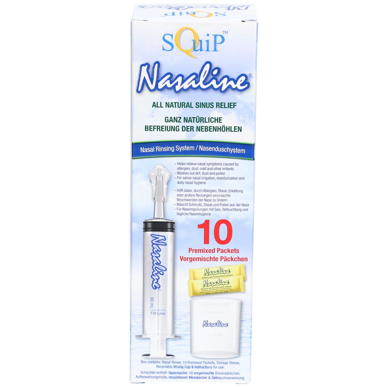 Boîte Nasaline. Système de rinçage nasal, seringue, 10 sachets. Inscription: Nasaline, SQuip. Soulagement naturel des sinus.