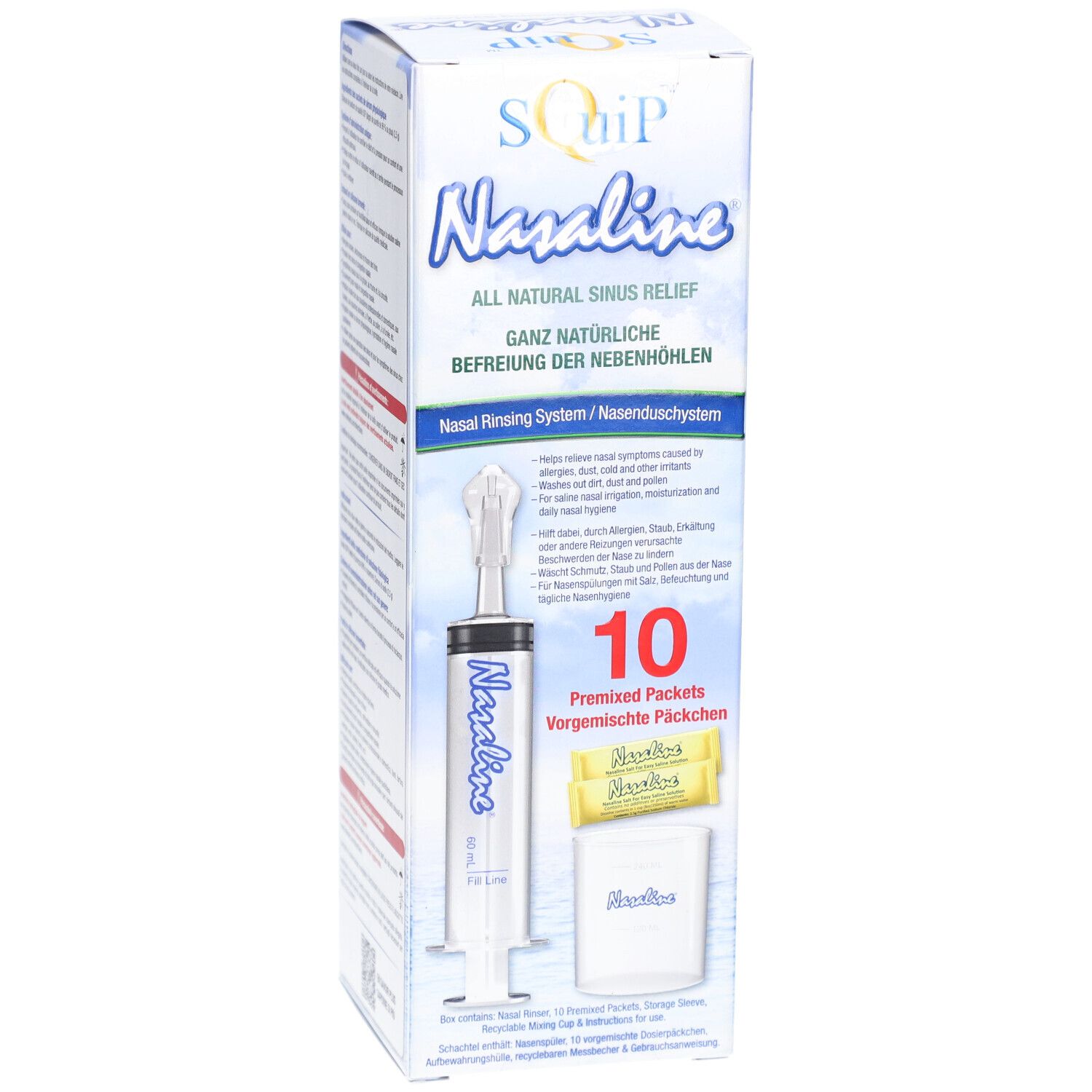 Boîte Nasaline. Système de rinçage nasal, seringue, 10 sachets. Inscription: Nasaline, SQuip. Soulagement naturel des sinus.
