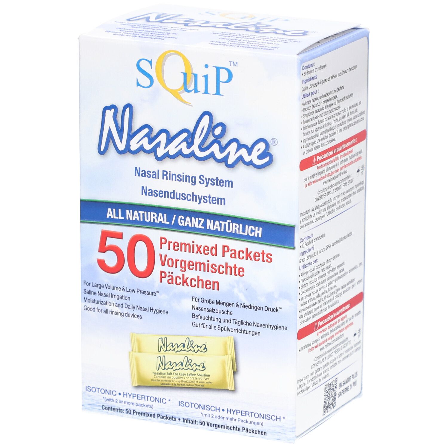 Boîte de Nasaline pour rinçage nasal. Contient 50 sachets pré-mélangés. Inscription : Système de rinçage nasal, TOUT NATUREL.